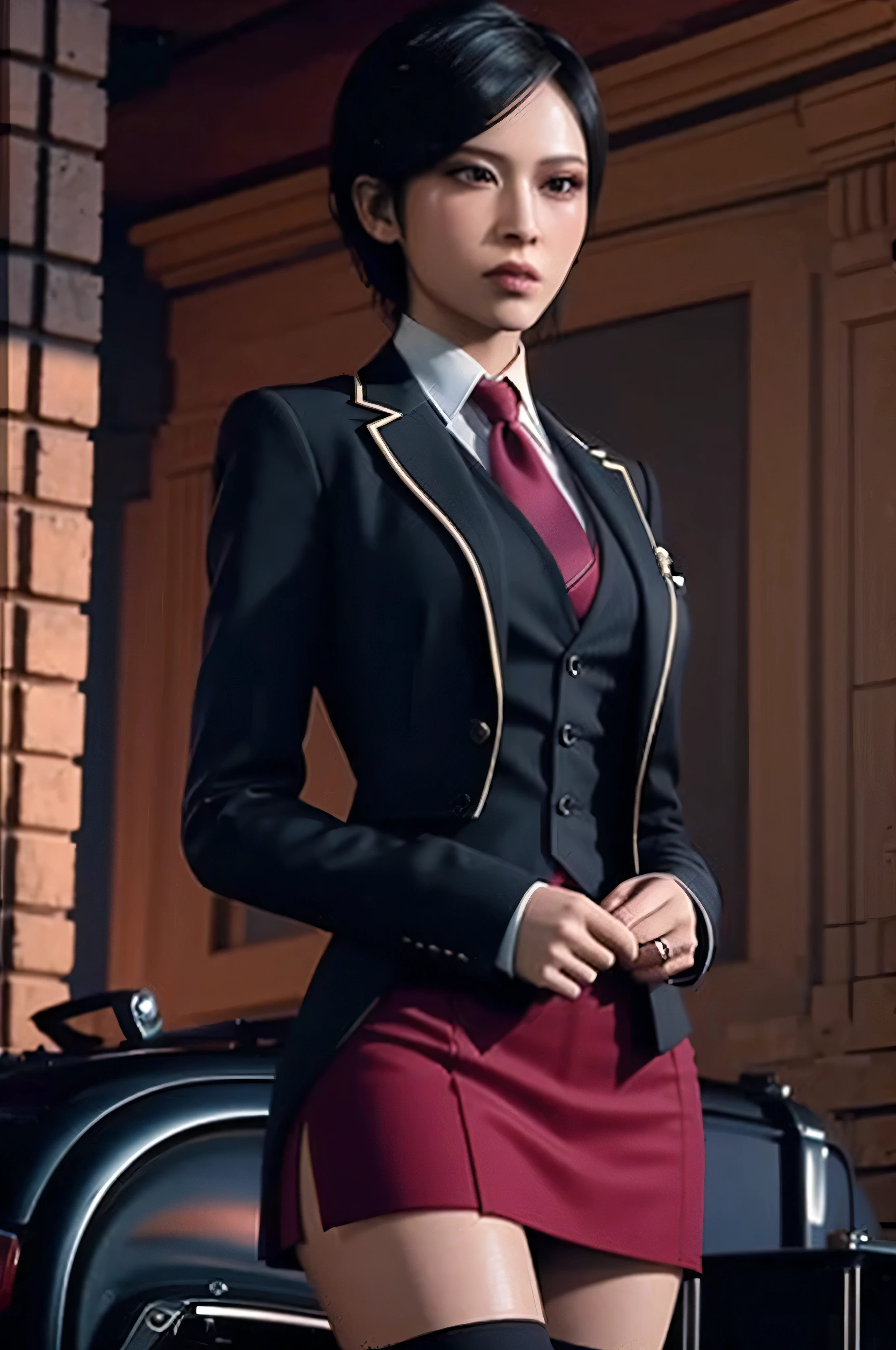 (masterpiece, best quality:1.2), 1girl, solo, skirt suit, suit and tie, (((three-piece suit))), silk dress shirt, shirt and tie, necktie, ((blazer)), ((suit jacket)) ((waistcoat)), ((bodycon miniskirt)), pantyhose, tights, stockings, tie clip, pocket square, tailored suit, (((cufflinks))),