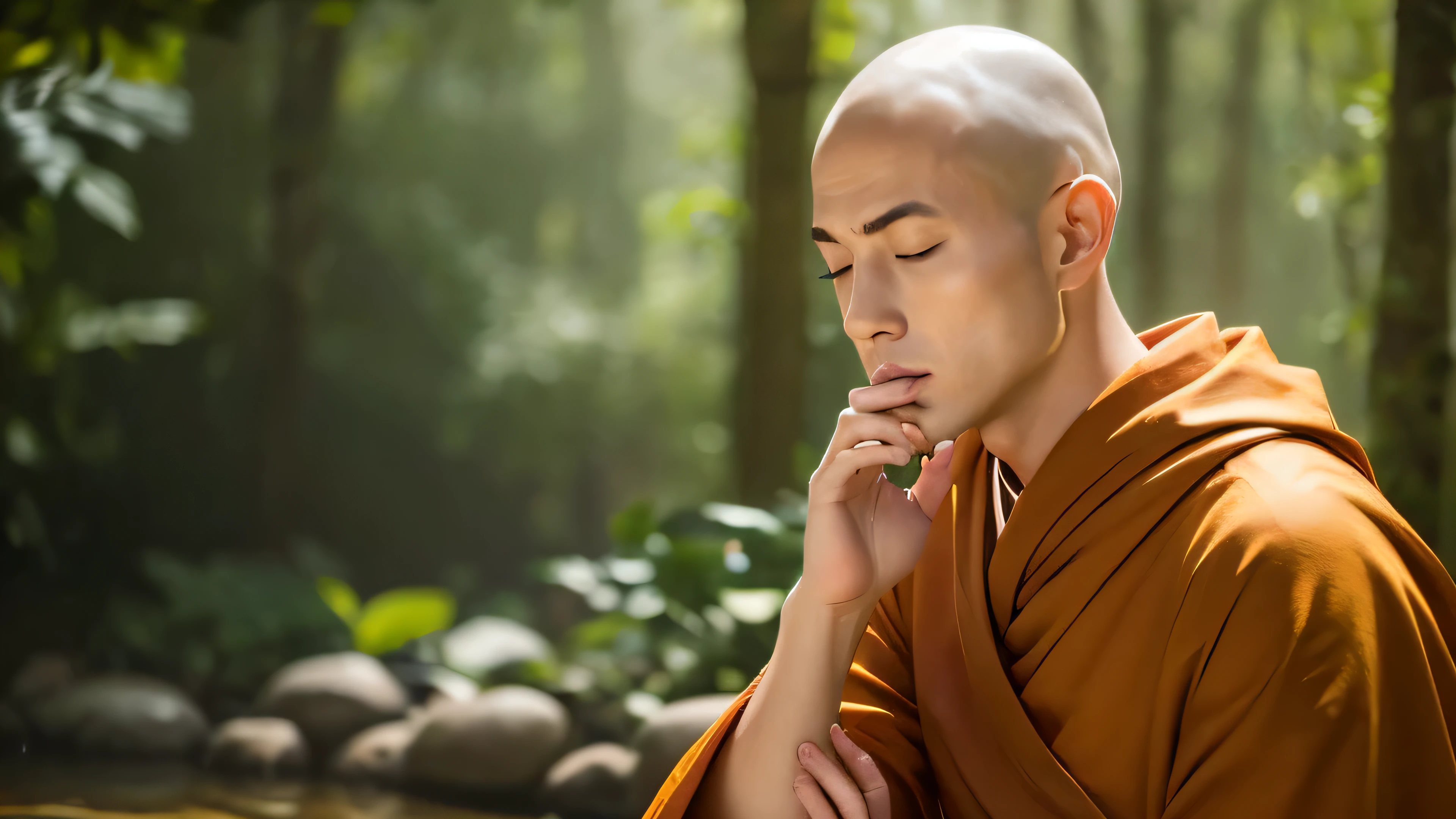highest quality、highest quality、realistic、unity、8k wallpaper、official art、Highly detailed CG unity 8k wallpaper、Super detailed、High resolution、Physically based rendering、Super detailed,growing up, finely,The only handsome monk, (no hair:1.3), (close your eyes:1.4), (put your palms together), (meditating), (The face tends to look a little downcast), whole body, (back correction),slim face, beautiful young monk, highly detailed face, very beautiful face, fine eyes, view, blurred background, (Front view:1.3), (monk'robe of:1.3), (Don'Minimize skin exposure as much as possible), (Sit and meditate in the lotus position:1.3), (Stay away from the camera), (Facing the camera forward), frontage, slim face, in the rainforest, professional lighting, (illuminate the face:1.3)