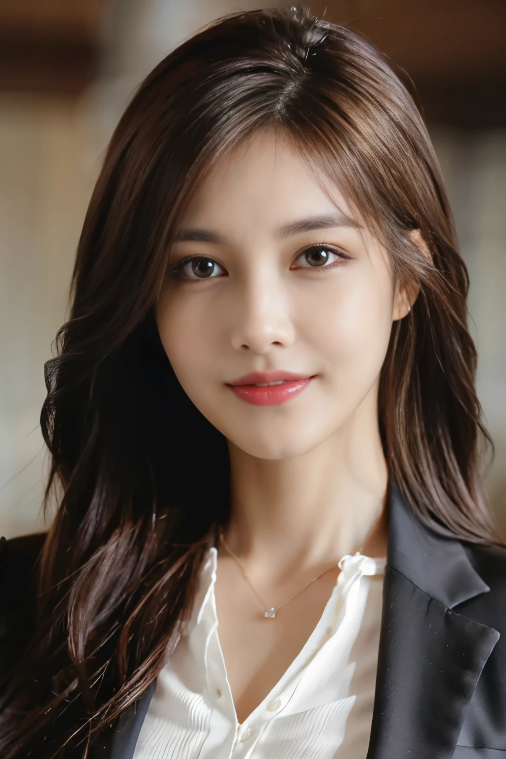 table top, highest quality, realistic, super detailed, finely, High resolution, 8k wallpaper, 1 beautiful woman,, light brown messy hair, wearing a business suit, sharp focus, perfect dynamic composition, detailed and beautiful eyes, fine hair, Detailed and realistic skin texture, smile, close-up portrait, model body shape