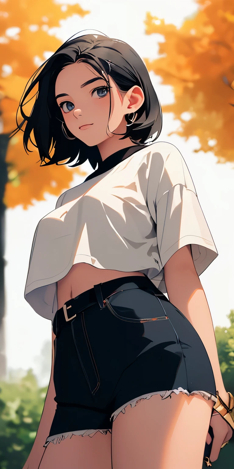 top-quality、Top image quality、​masterpiece、11 year old girl、skin gloss、(Dynamic super close-up looking up from below with slightly larger breasts)、Breasts a little bigger、Slightly thicker emphasis on the thighs、Dark blue crop top、Denim shorts、Bare legged、Face Real、Face smile、Autumn foliage、Versatile sexy poses、Short hair