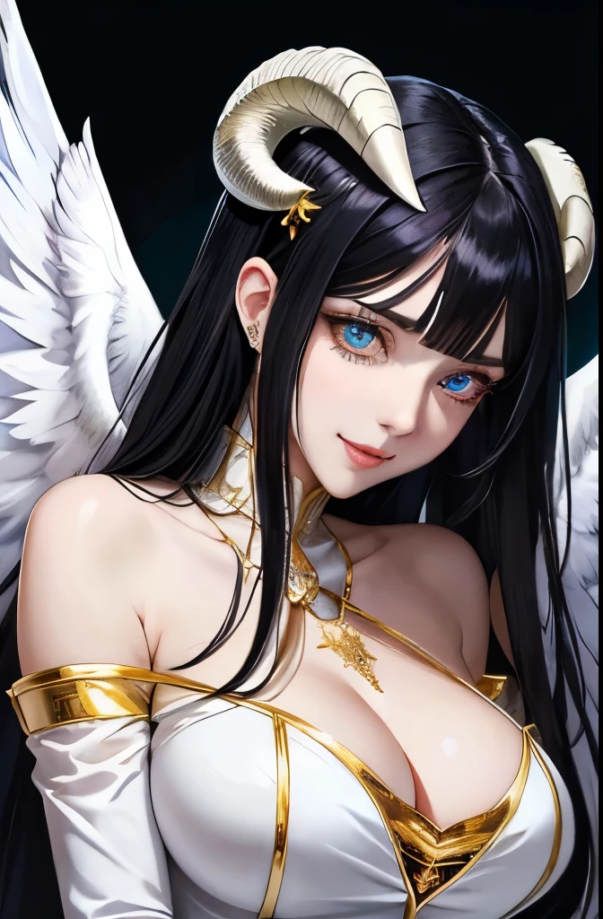 photo of a iom girl, Albedo from Nazarick, best highres, best highest quallity, illustration, cinematic light, ultra detailed, detailed face, sweet face, (detailed eyes:1.05), (realistic eyes:1.05), anime girl, best quality, hyper detailed, beautiful masterpiece, masterpiece, (detailed_face), highest details, luminous_eyes, medium breats, beautiful niples, an impeccable beauty, white clothes, lustrous jet-black hair and the face of a goddess, maniacal smile, lips parted, golden irises and vertically split pupils; on her left and right temples are two thick horns protruding crookedly, and on her waist are a pair of black angel wings, a pure white dress with silky gloves covering her slender hands and a golden spiderweb necklace that covers her shoulders and chest