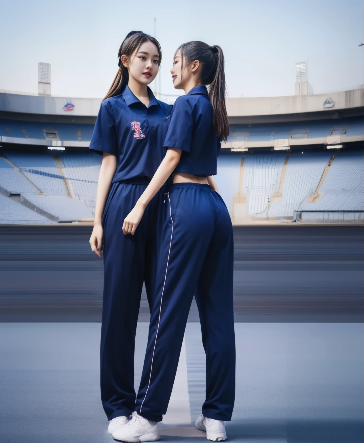 (best quality,10,10,height,Masterpiece:1.2),Special details,(realistic,ภาพrealistic,Realistic photos:1.37),1 cute girl on the football field,shiny, ผิวshiny,only,smile softly,BDclothelue shirt:1.3)),short sleeve,shirt, กางเกงขาlong.,(navy_long_track pants:1.1), ((stadium background:1.3)),Dynamic angle,excited,Face focus,dynamic poses,from behind,focus on ass,Masterpiece, best quality, ultra realistic, hyper-detail, 8K resolution, raw photos, Sharp focus, ((Navy blue shirt:1.1)), short sleeve, เส้นทางlong, perfect body, 2 mature women, 18 years old, Cinema-grade lighting system,blue sweatpants,shirtผ้าออกกำลังกาย,correct anatomy,perfect body, correct body, Sharp face, correct bodyทางกายวิภาค, full body, realistic gestures, long-haired, realistic poses,Wear long shorts................................,ช่วงขาlong,Good shape,carved girl, Slender figure, model, Good shape, beautiful body,blue sweatpants, two girls kissing