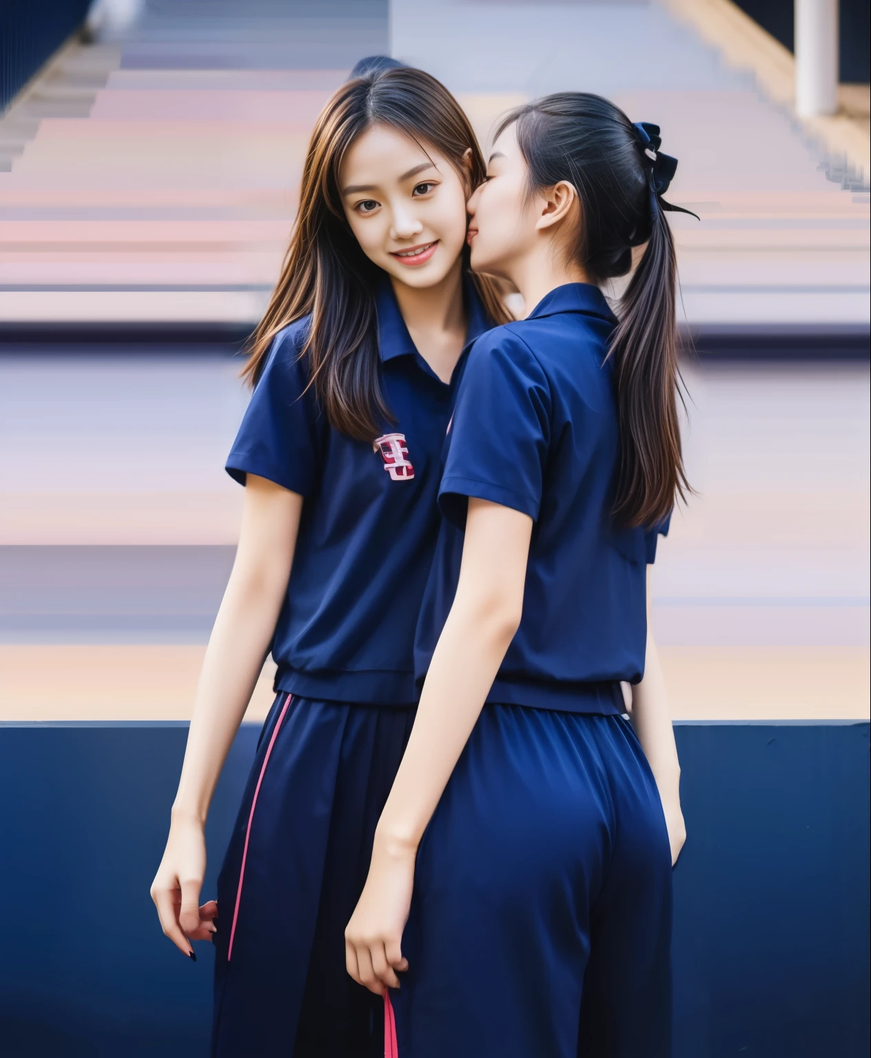 (best quality,10,10,height,Masterpiece:1.2),Special details,(realistic,ภาพrealistic,Realistic photos:1.37),1 cute girl on the football field,shiny, ผิวshiny,only,smile softly,BDclothelue shirt:1.3)),short sleeve,shirt, กางเกงขาlong.,(navy_long_track pants:1.1), ((stadium background:1.3)),Dynamic angle,excited,Face focus,dynamic poses,from behind,focus on ass,Masterpiece, best quality, ultra realistic, hyper-detail, 8K resolution, raw photos, Sharp focus, ((Navy blue shirt:1.1)), short sleeve, เส้นทางlong, perfect body, 2 mature women, 18 years old, Cinema-grade lighting system,blue sweatpants,shirtผ้าออกกำลังกาย,correct anatomy,perfect body, correct body, Sharp face, correct bodyทางกายวิภาค, full body, realistic gestures, long-haired, realistic poses,Wear long shorts................................,ช่วงขาlong,Good shape,carved girl, Slender figure, model, Good shape, beautiful body,blue sweatpants, two girls kissing
