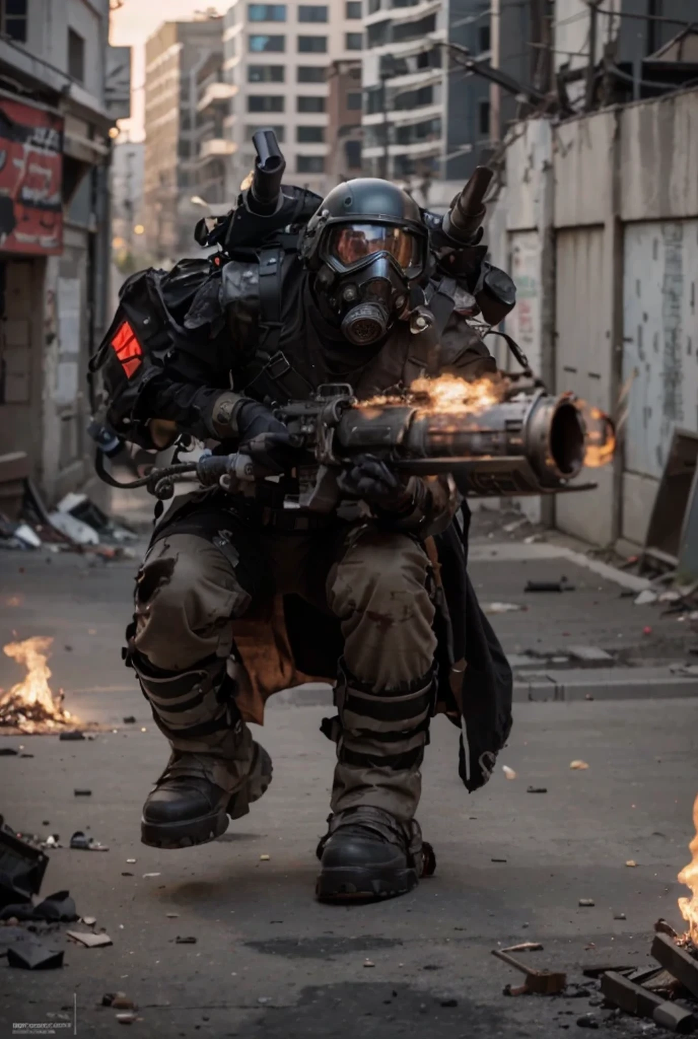 soldado masculino, casco de metal gris, tactical anti gas mask, heavy soviet style military uniform, color negro con detalles en color rojo, broken black soviet style military coat, metal shoulder pads, pulseras blindadas, guantes tacticos, botas militares blindadas, rodilleras de metal, cinturones y arneses con municiones, arm with rhophotic inserts, Mochila de metal con pipas de las que sale humo., He holds a heavy-barreled flamethrower with smoke coming out of it.., is in a completely destroyed post-apocalyptic modern city, There is a graffiti on a wall of the tail of a scorpion painted in black and red colors.., 4k, ultra detallado image, realista, muy detallado, perfect composition, splendid, intrincadamente detallado, incredibly detailed, 8k art photography, hiper detallado, Obra maestra, ultra detallado, hyper realista, 4k, ultra detallado image, realista, muy detallado, perfect composition, splendid, intrincadamente detallado, incredibly detailed, 8k art photography, hiper detallado