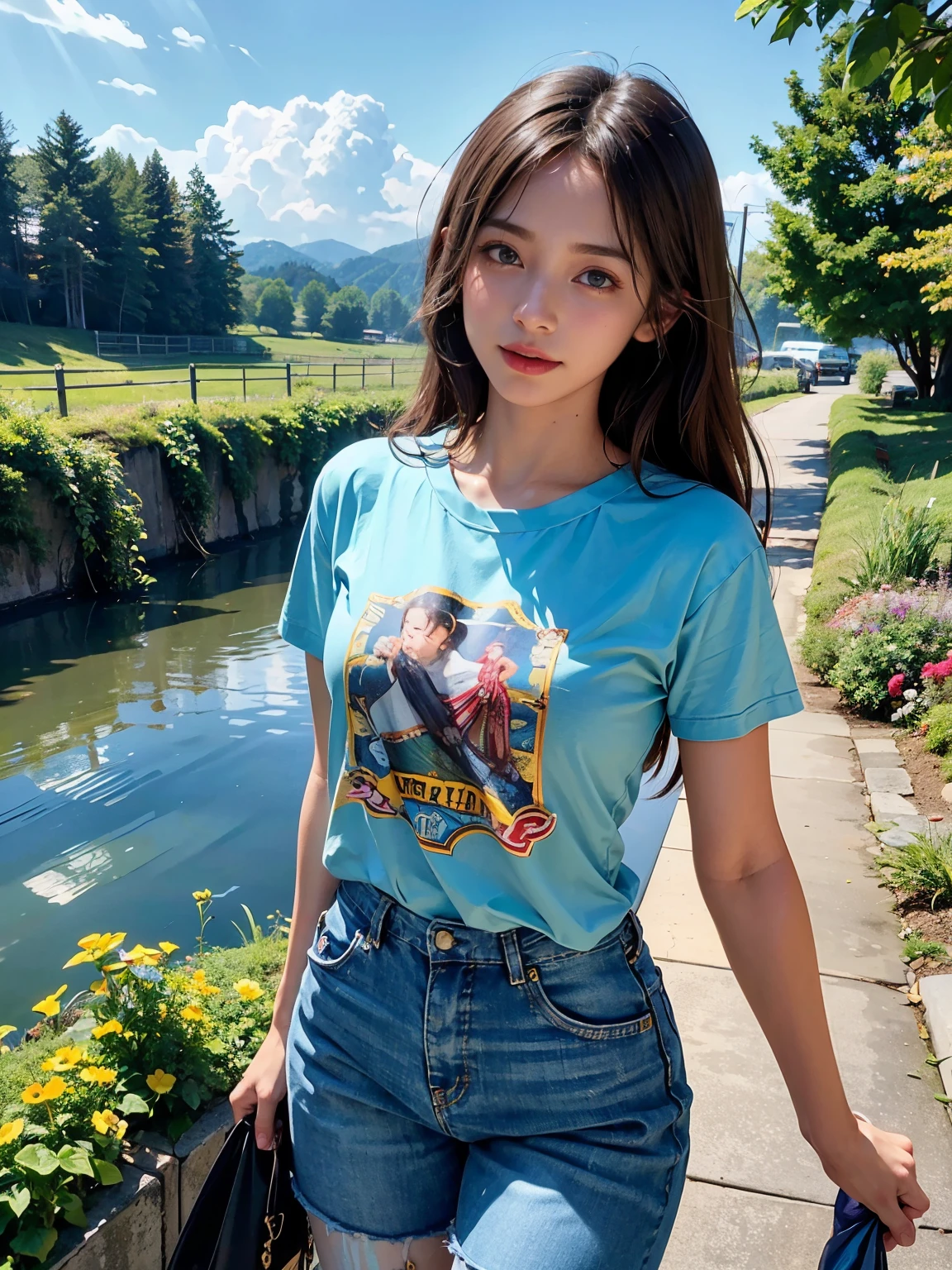 (((UHD))), (((masterpiece))), (((8k))), (((highres))), (((Surrealism))), (((cinematic lighting))), god rays, zoom layer, (((cowboy shot))), f/4.0, Canon, 15yo girl, beautiful sky, pastel blue t-shirts, shorts pants, shiny skin,detailed skin,detailed face, detailed eyes, straight black bobbed hair, Sunshine, blue skies, lush meadows, gentle breeze, vibrant foliage, flowing stream, birdsong, children's laughter, colorful flowers, fragrant air