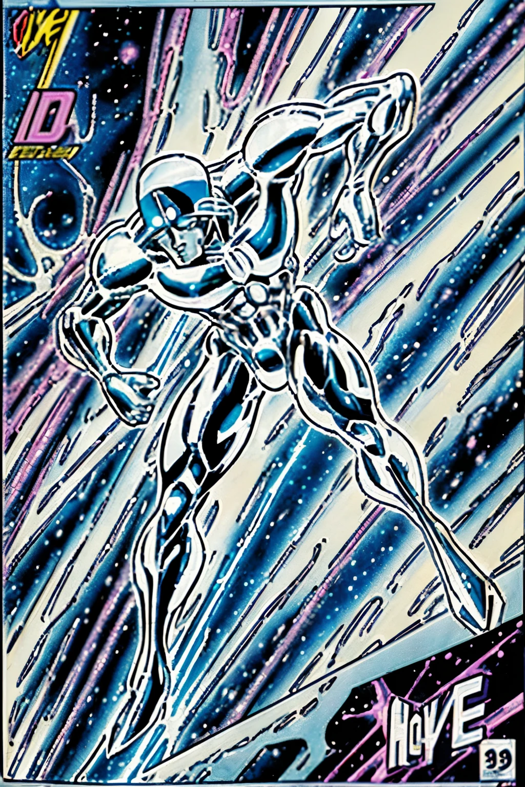 screenshot from a 1980's anime of Marvel Comic's Silver Surfer --s2, (Retro:1.3), (Anime aesthetics:1.4), (Classic comic book art:1.5), Highly-detailed and vibrant illustrations, (Cel-shaded:1.2), (Stylized:1.3), (Silver Surfer:1.5), (Nostalgic:1.3), (Galactic backdrop:1.4), (Dynamic poses:1.4), (Comic book panel:1.5), (Intricately-designed:1.4), (