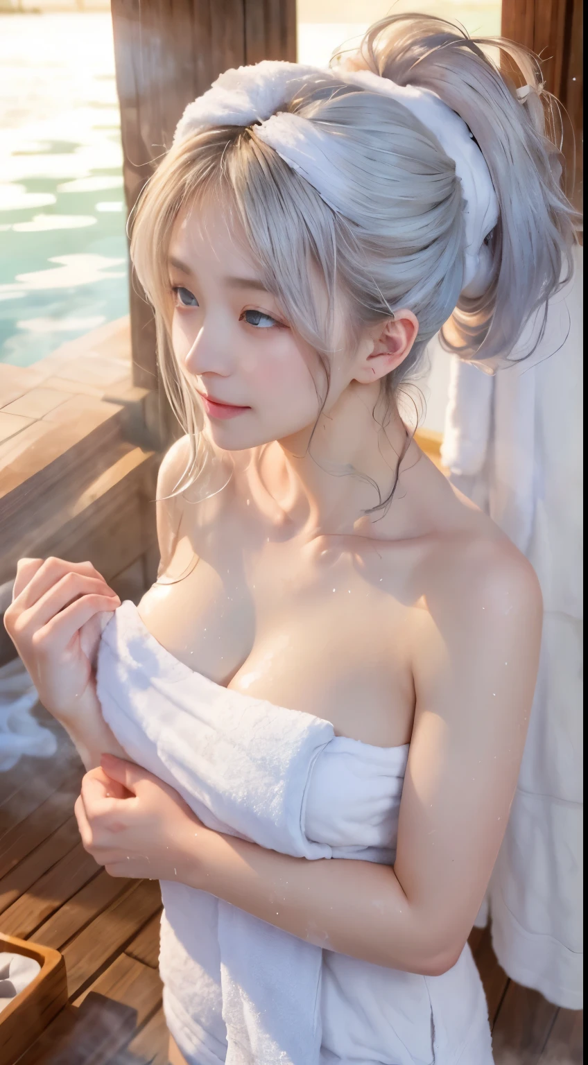 (2 girls included)、brain out、sunburn、sweaty muscles、long silver hair、half body bath、(bath towel:1.5)、(naked towel:1.3)、bath towel1枚を体に巻きます、bath towel,((hot spring style:1.3))、punk girl、(Styling your hair with both hands:1.3)、cleanliness、nipple peen、carefree smile、((strong wind))、cleavage、forest、Naked in a towel、make me tremble in your mouth、