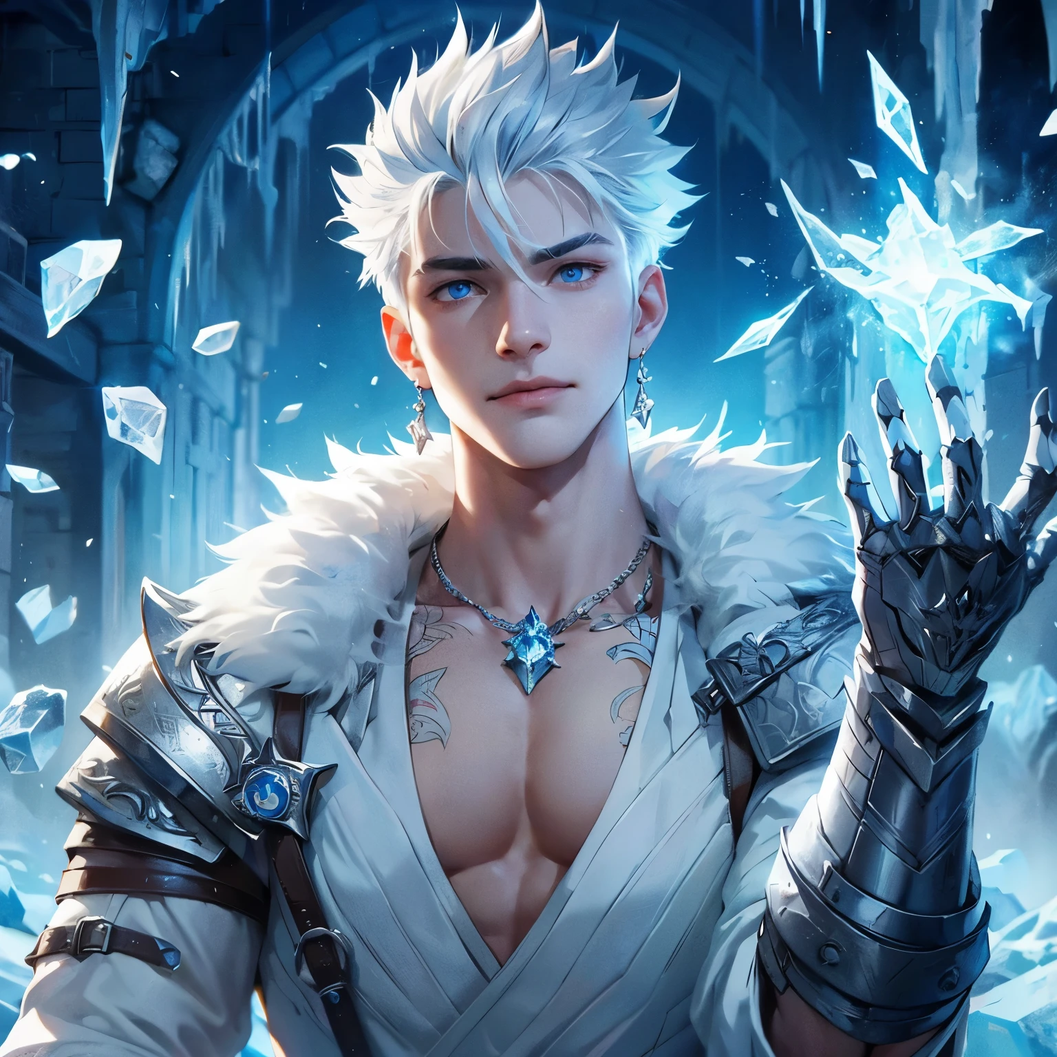 an animated fantasy novel style picture of a character portrait. Animated. He is 22 years young. He has white spiky hair. He is muscular and tall with light blue eyes. He is wearing an all white medieval fantasy warrior gear with a white fur coat and silver gloves. He is a charming, boastful and has a proud smile. ice powers and ice surround him. he controls ice. Icy dystopian background. Dark tragic theme. Serious.
