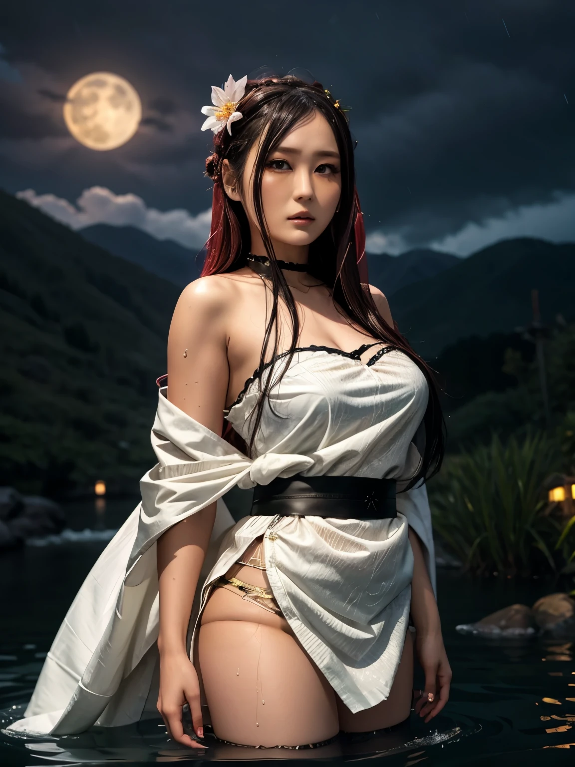 1girl, breasts, moon, lantern, night, solo, large breasts, hair ornament, wet, kimono, japanese clothes, wading, water, hair flower, flower, outdoors, sky, full moon, rain, black hair, off shoulder, mountain, cloud, holding, sash, bare shoulders, paper lantern, standing, white kimono, night sky, sideboob, obi, wet clothes, bangs, tree, from side, reflection, short hair, cloudy sky, wet hair (((masterpiece),(extremely detailed CG unity 8k wallpaper),best quality,,solo,1girl,cinematic lighting,detailed background,beautiful detailed eyes,bright pupils, (an extremely delicate and beautiful),(Beautiful and detailed eye description)， ultra-detailed,masterpiece,)),