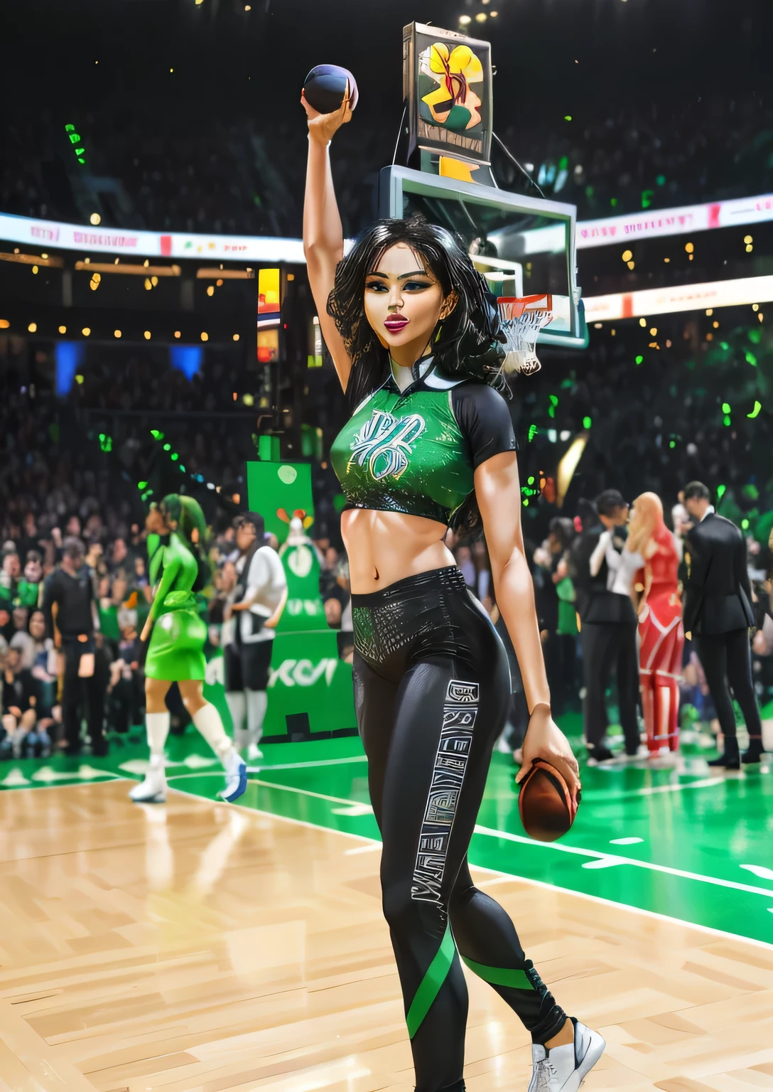 a woman in a green blouse and black pants holding a basketball, Jayson Tatum as Mother Mary, Jayson Tatum as a heroic guerrilla, Jaylen Brown, boston Celta, 🤬 🤮 💕 🎀, magic uniform, Celta, Zendaya como Hulk, holding the larry o'brien trophy, Jayson Tatum