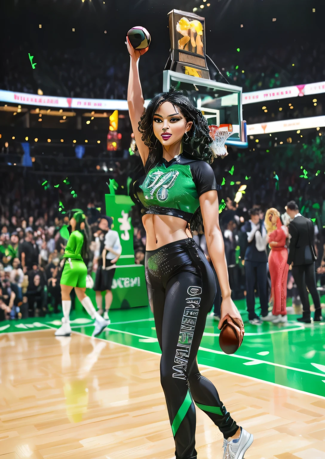 a woman in a green blouse and black pants holding a basketball, Jayson Tatum as Mother Mary, Jayson Tatum as a heroic guerrilla, Jaylen Brown, boston Celta, 🤬 🤮 💕 🎀, magic uniform, Celta, Zendaya como Hulk, holding the larry o'brien trophy, Jayson Tatum