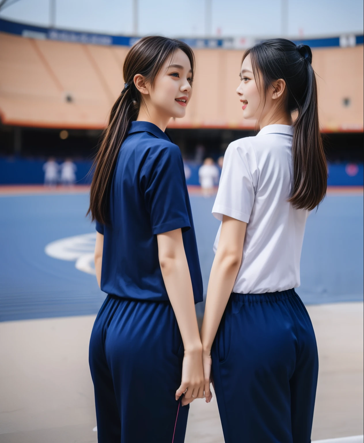 (best quality,10,10,height,Masterpiece:1.2),Special details,(realistic,ภาพrealistic,Realistic photos:1.37),1 cute girl on the football field,shiny, ผิวshiny,only,smile softly,BDclothelue shirt:1.3)),short sleeve,shirt, กางเกงขาlong.,(navy_long_track pants:1.1), ((stadium background:1.3)),Dynamic angle,excited,Face focus,dynamic poses,from behind,focus on ass,Masterpiece, best quality, ultra realistic, hyper-detail, 8K resolution, raw photos, Sharp focus, ((Navy blue shirt:1.1)), short sleeve, เส้นทางlong, perfect body, 2 mature women, 18 years old, Cinema-grade lighting system,blue sweatpants,shirtผ้าออกกำลังกาย,correct anatomy,perfect body, correct body, Sharp face, correct bodyทางกายวิภาค, full body, realistic gestures, long-haired, realistic poses,Wear long shorts................................,ช่วงขาlong,Good shape,carved girl, Slender figure, model, Good shape, beautiful body,blue sweatpants, two girls kissing