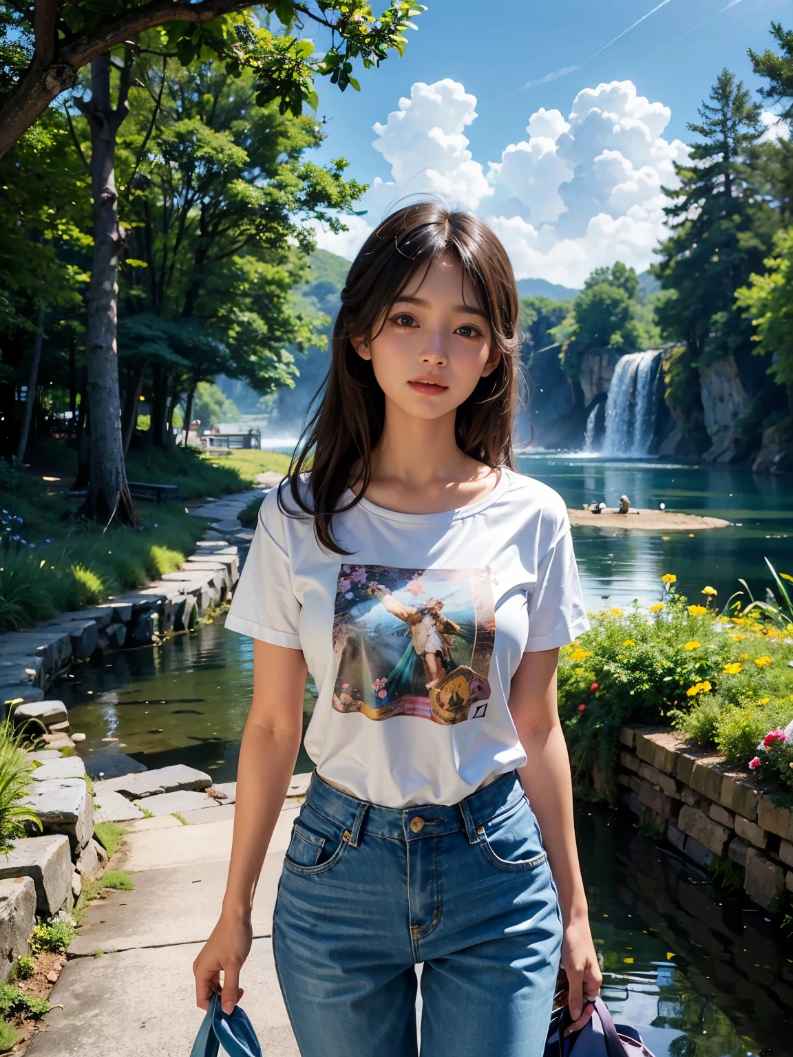 (((UHD))), (((masterpiece))), (((8k))), (((highres))), (((Surrealism))), god rays, zoom layer, (((cowboy shot))), f/4.0, Canon, 15yo girl, beautiful sky, pastel blue t-shirts, shorts pants, shiny skin,detailed skin,detailed face, detailed eyes, straight black bobbed hair, Sunshine, blue skies, lush meadows, village house, gentle breeze, vibrant foliage, flowing stream, birdsong, children's laughter, colorful flowers, fragrant air