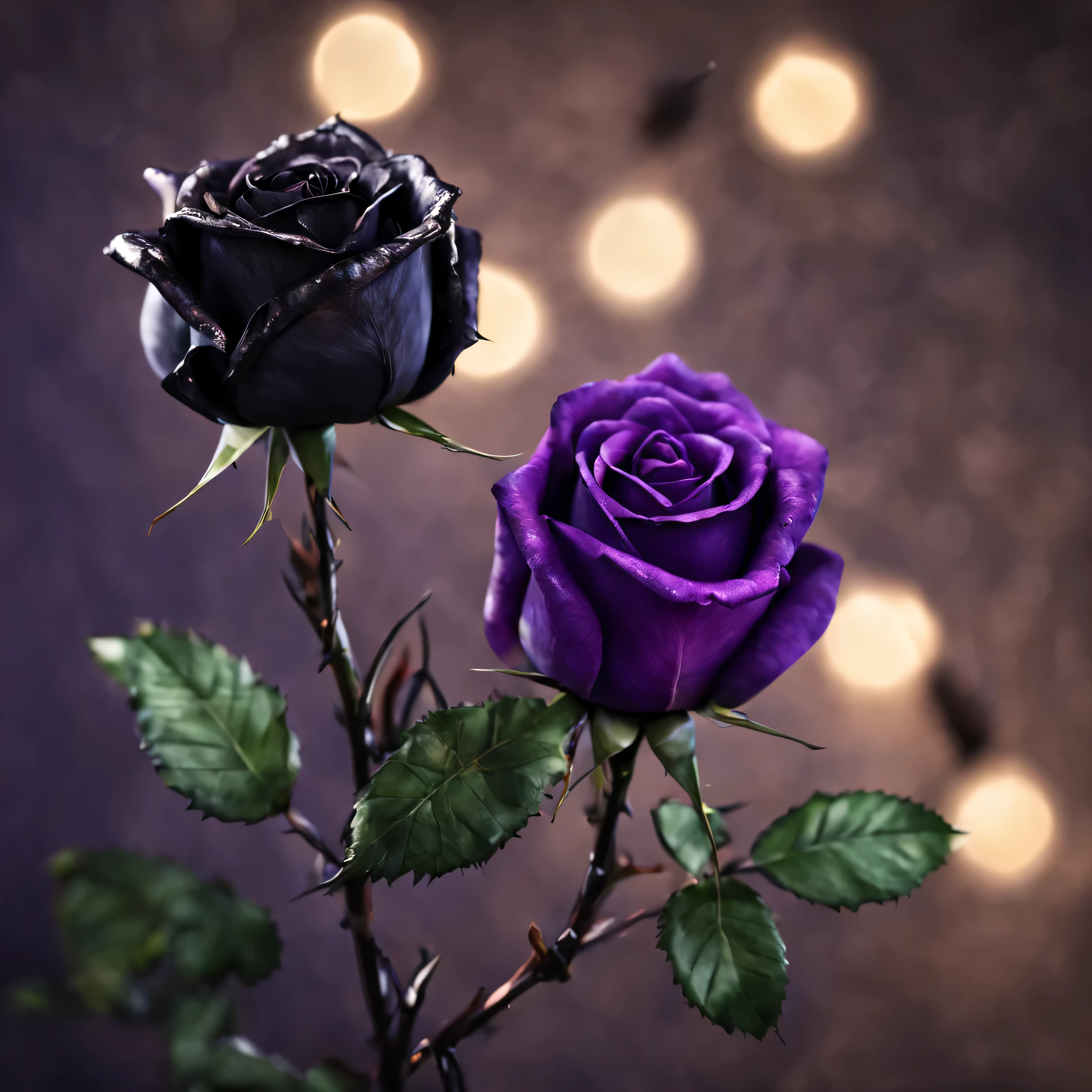 one black rose,one purple rose,strings,vibrant,realistic,right-lit,bokeh