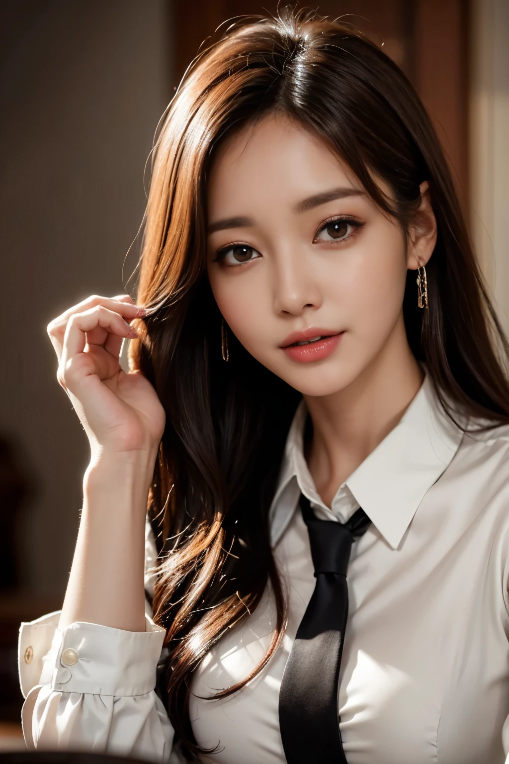 table top, highest quality, realistic, super detailed, finely, High resolution, 8k wallpaper, 1 beautiful woman,, light brown messy hair, wearing a business suit, sharp focus, perfect dynamic composition, detailed and beautiful eyes, fine hair, Detailed and realistic skin texture, smile, close-up portrait, model body shape