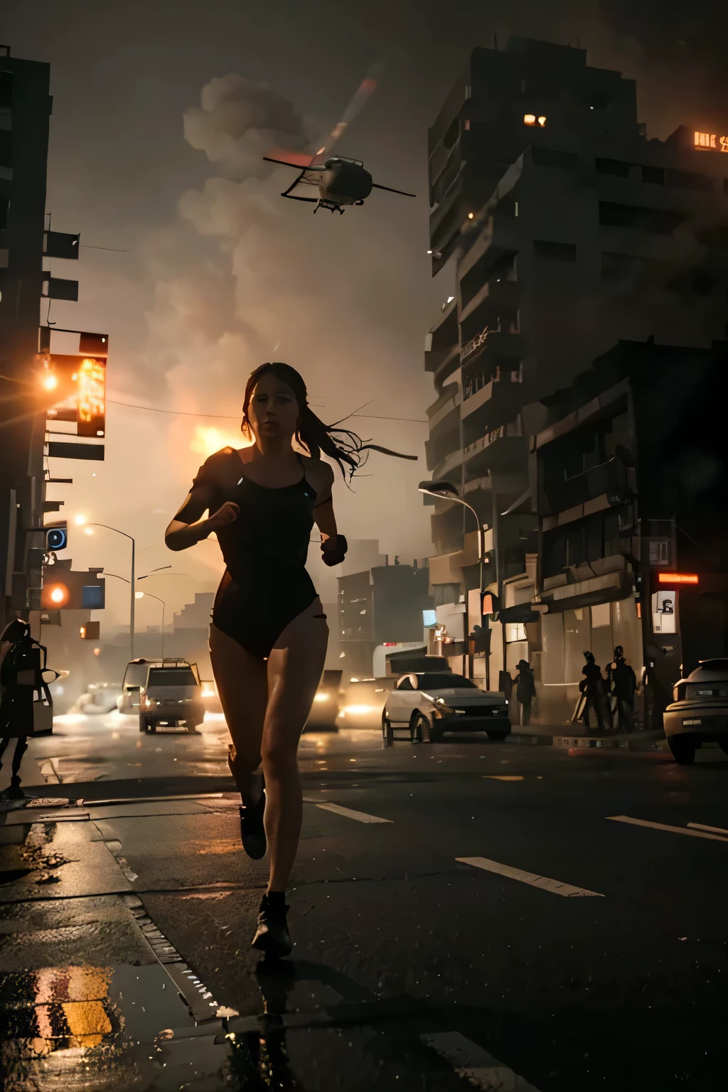 woman running out of a building that is on fire, Asian woman, pessoas correndo em segundo plano, carro pegando fogo ao fundo, the news helicopter flying above the blade runner 2049 building city like 