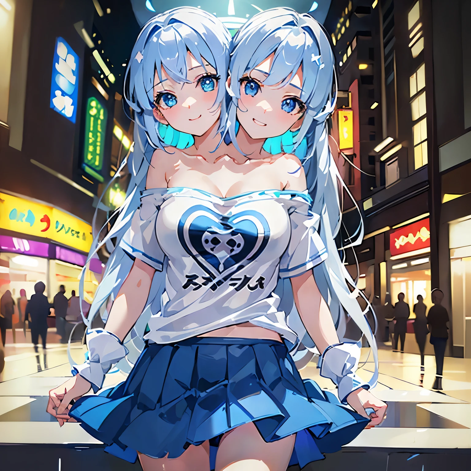 (masterpiece),(ultra-detailed), (high quality), (high resolution), (best quality:1.5, highres, UHD), highres, absurdo, ultra detail, ultra quality, Ultra resolution, 16k, ((2heads:1.5)), 1girl, anime girl with two heads, silver gray hair, ((blue t shirt)), casual wear, city background, smiling, shopping mall, teenage girl, vibrant lighting, blue skirt, glowing blue eyes