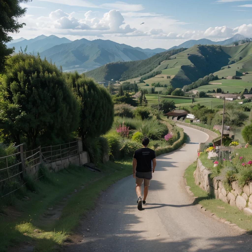 a man in a black t-shirt walks on a winding country road, arafed view of winding asphalt road in valley with mountains background, spiral grass mountain view, rice fields, amazing view, futuristic valley, terraced, green hills, terraced gardens and ponds, amazing view, made of trees and fantasy valley, beauty of illuminated landscape by light, the beauty of natural scenery, shadows. Asian landscape, peaceful landscape, amazing view.