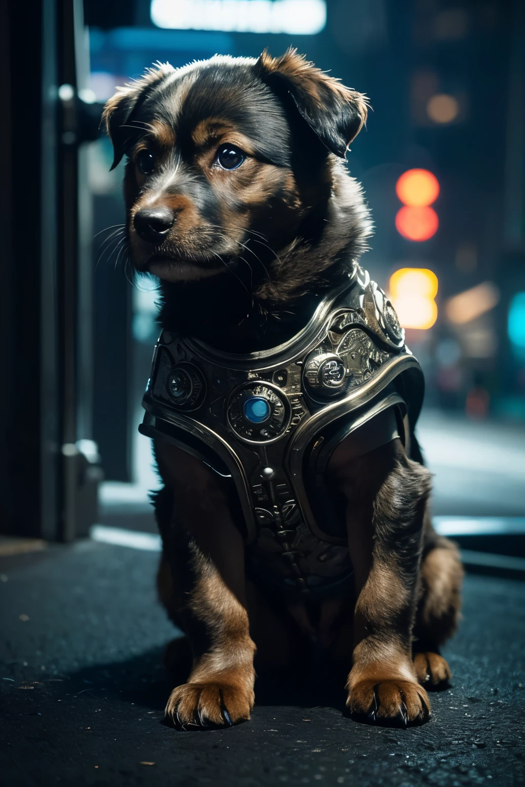 A cute puppy made of metal, , cyberpunk style, ((intricate details)), high dynamic range, ((intricate details, super detailed)), lens, vignette