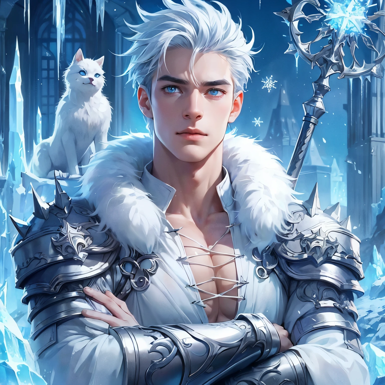 an animated fantasy novel style picture of a character portrait. Animated. He is 22 years young. He has white spiky hair. He is muscular and tall with light blue eyes. He is wearing an all white medieval fantasy warrior gear with a white fur coat and silver gloves. He is a charming, boastful and has a proud smile. ice powers and ice surround him. he controls ice. Icy dystopian background. Dark tragic theme. Serious.