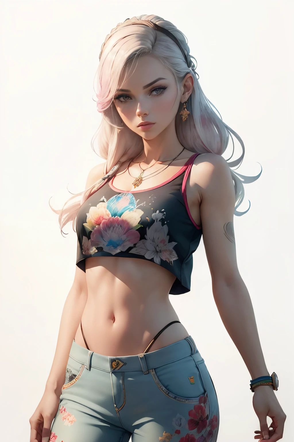 ((obra de arte de tinta obra-prima na paleta de aquarelas escuras)), ((princesa russa)) no reino moderno, crop top com ornamento tradicional russo, sports_pants, tennis, estilo GTA, videogame, papel de parede, CG