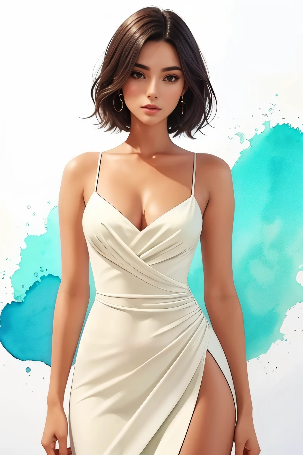 WATERCOLOR ILLUSTRATION,, seios grandes, cabelo preto, vestido, decote, formal, vestido branco, sem rosto, female is very sexy dressed and very sensual, (crescimento total)