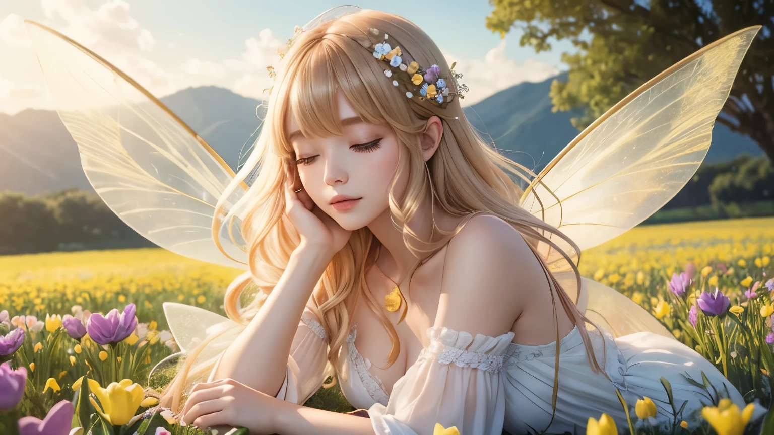 One beautiful fairy with wings、Sleeping、gold hair、bangs、Upper body、Beautiful lips、Flowers in the foreground、spring scenery、surrounded by spring flowers、colorful flower field、high resolution、mysterious、high resolution、