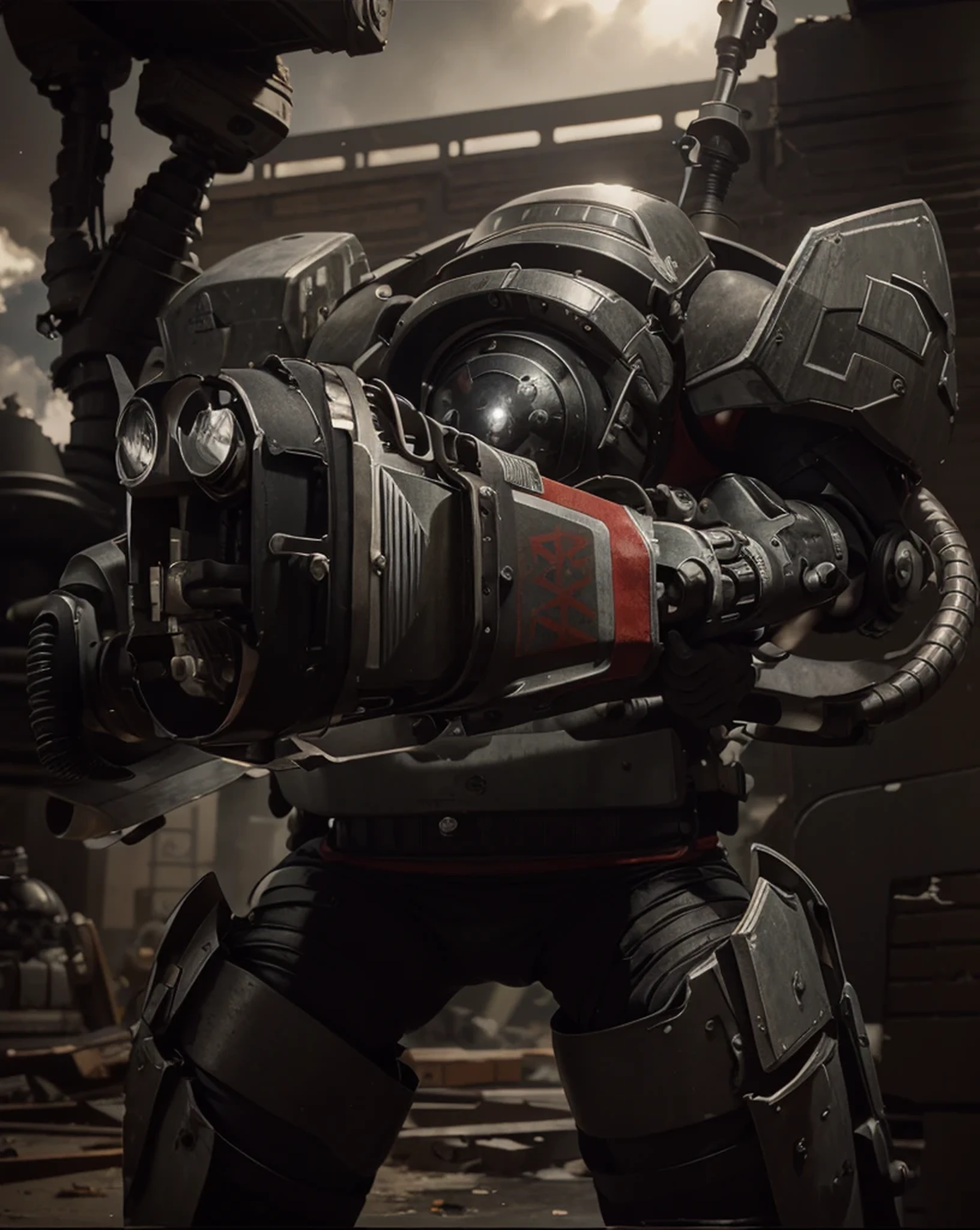Robotic soldier, traje gris metalico, heavy soviet style military uniform, color negro con detalles en color rojo, metal shoulder pads, pulseras blindadas, guantes tacticos, botas militares blindadas, Rodilleras de metal, mochila de metal con tubos, his arms are heavy tesla cannons, is in a completely destroyed post-apocalyptic factory, There is a graffiti on a wall of the tail of a scorpion painted in black and red colors.., 4k, ultra detallado image, realista, muy detallado, perfect composition, splendid, intrincadamente detallado, incredibly detailed, 8k art photography, hiper detallado, Obra maestra, ultra detallado, hyper realista, 4k, ultra detallado image, realista, muy detallado, perfect composition, splendid, intrincadamente detallado, incredibly detailed, 8k art photography, hiper detallado