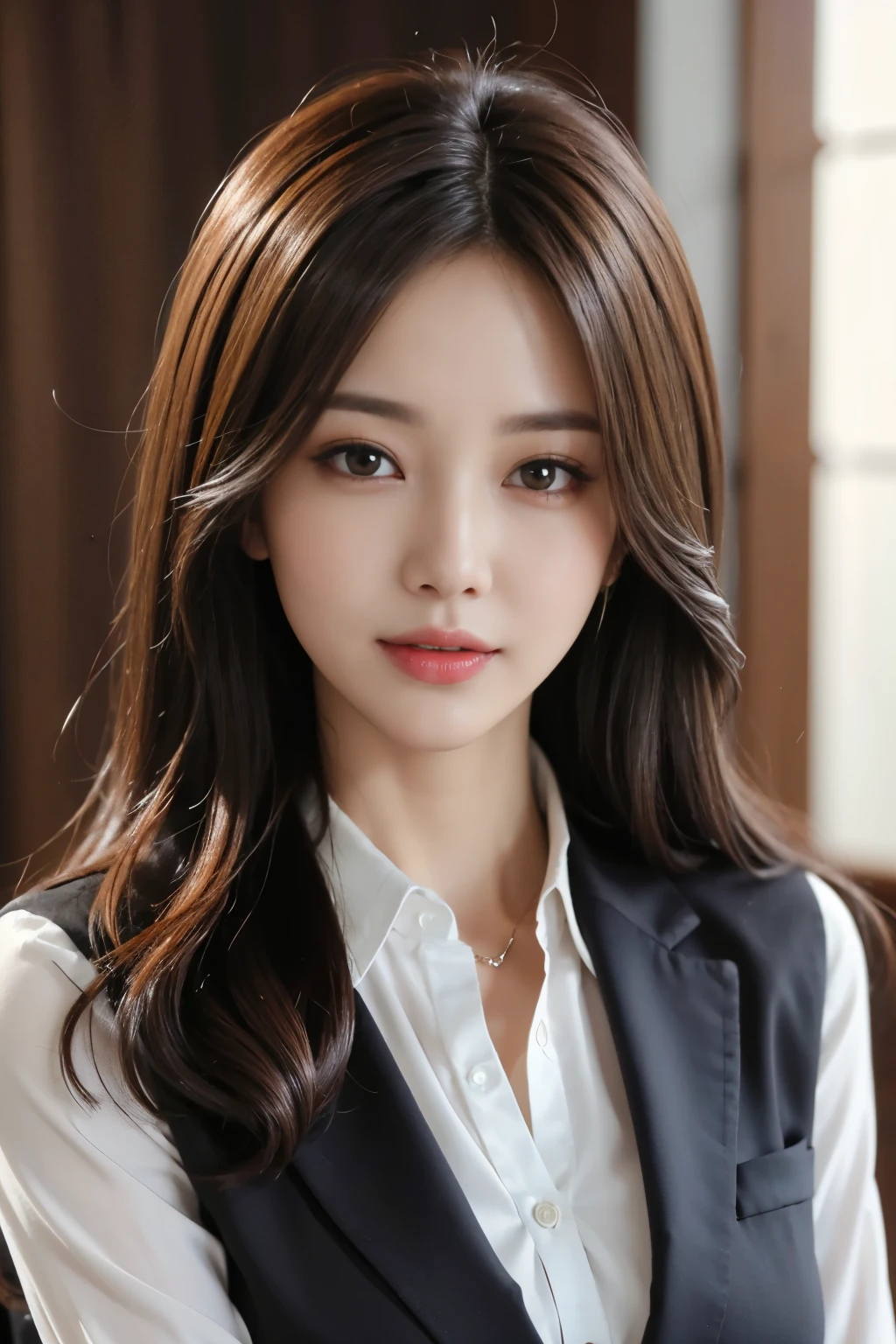 table top, highest quality, realistic, super detailed, finely, High resolution, 8k wallpaper, 1 beautiful woman,, light brown messy hair, wearing a business suit, sharp focus, perfect dynamic composition, detailed and beautiful eyes, fine hair, Detailed and realistic skin texture, smile, close-up portrait, model body shape