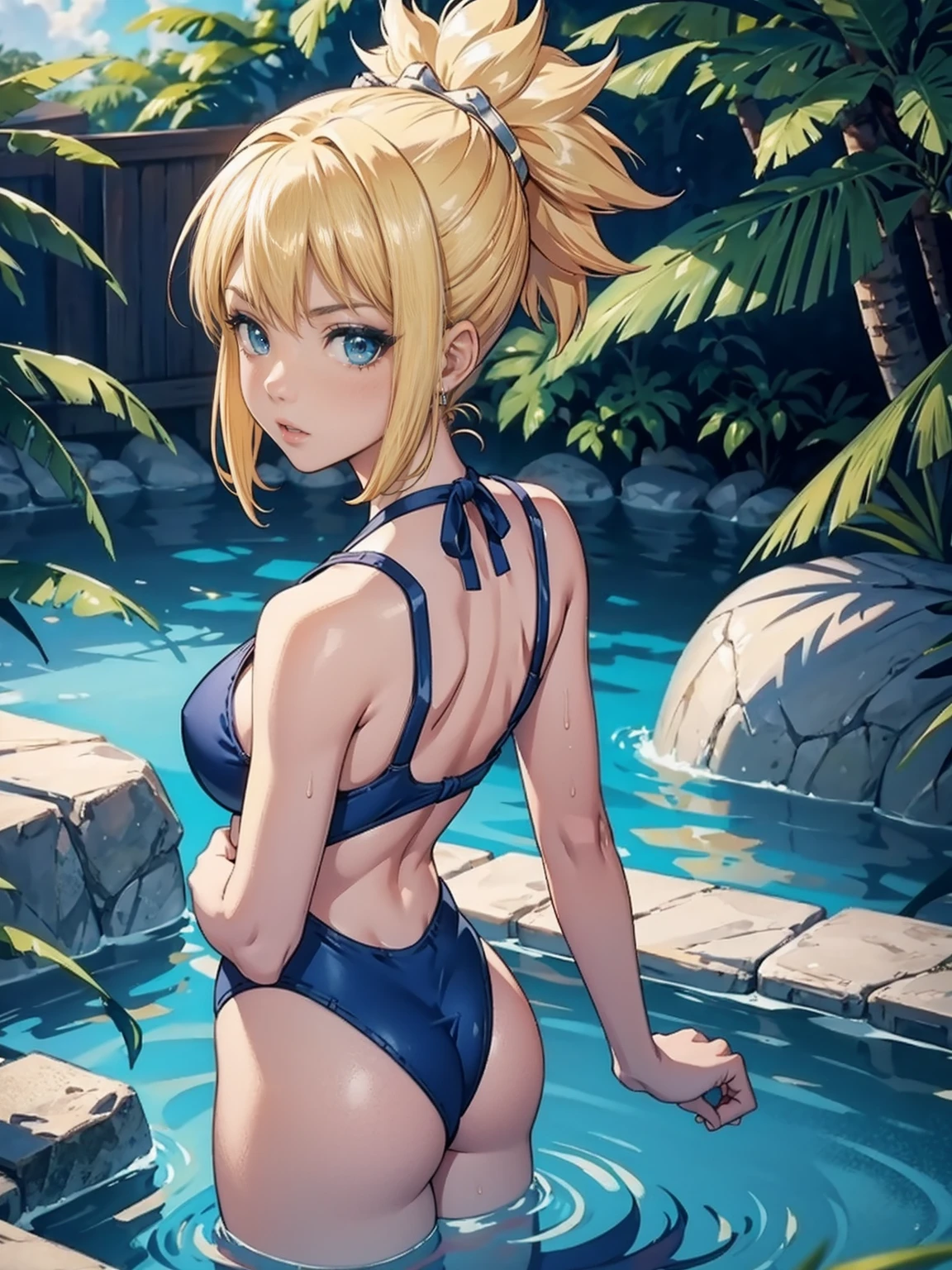 (((Solo, 1girl, alone, back, behind, kohaku, blonde hair, blue eyes, tied hair), pink lipstick, Extremely detailed, ambient soft lighting, 4k, perfect eyes, a perfect face, perfect lighting, a 1girl)), austere, ((green swimsuit, bathing suit, palm tree, sunny day, water park, bushes, dark green monokini))