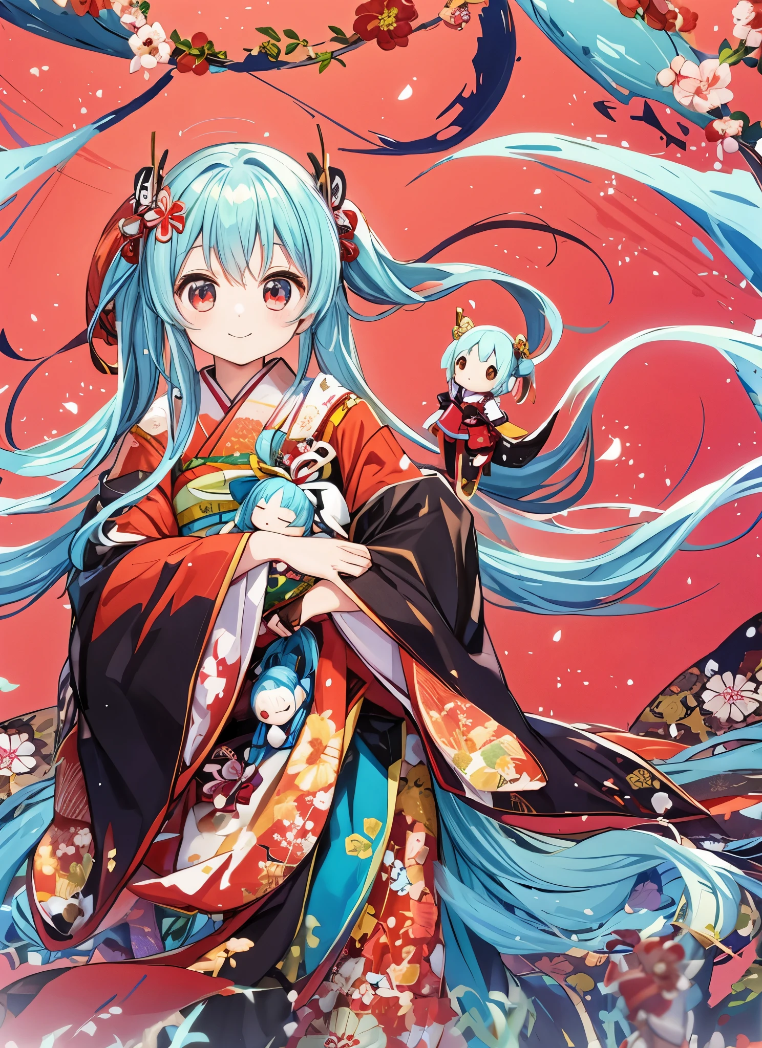 light blue long hair、girl with twin tails　Doll&#39;s Festival　Hina doll tiered decoration　kimono　cute smile