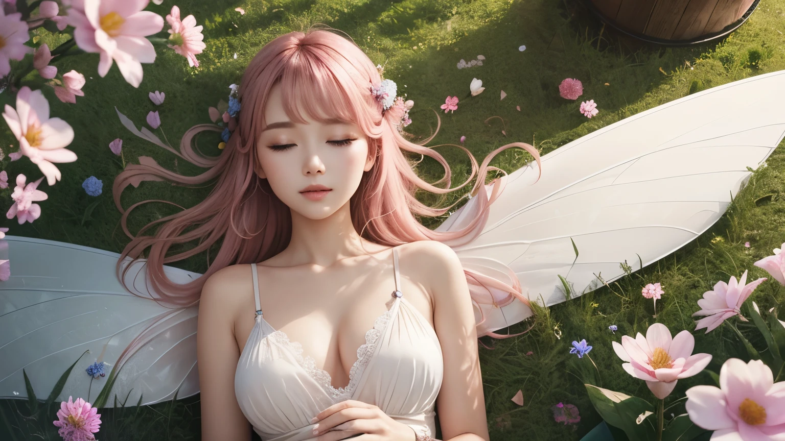 One beautiful fairy with wings、Sleeping、On your back、pink champagne gold hair、bangs、Upper body、Beautiful lips、Flowers in the foreground、spring scenery、surrounded by spring flowers、colorful flower field、high resolution、mysterious、high resolution、