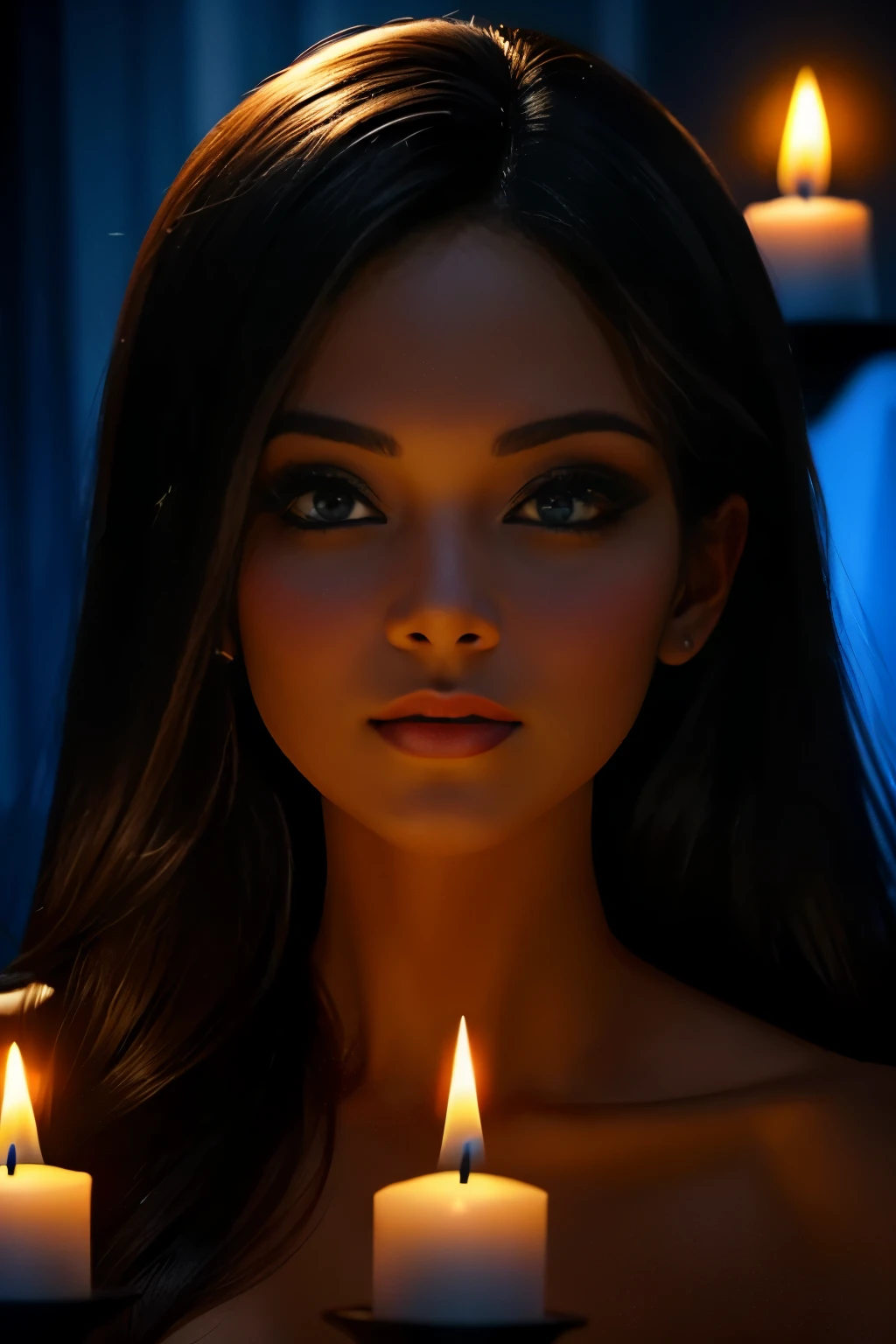 Perfect Dark Woman Front Face Fundo preto, right tiny candle light, velas desaparecem e apenas luz, maquiagem, olhos bonitos e detalhados, Detailed lips, three quarters long