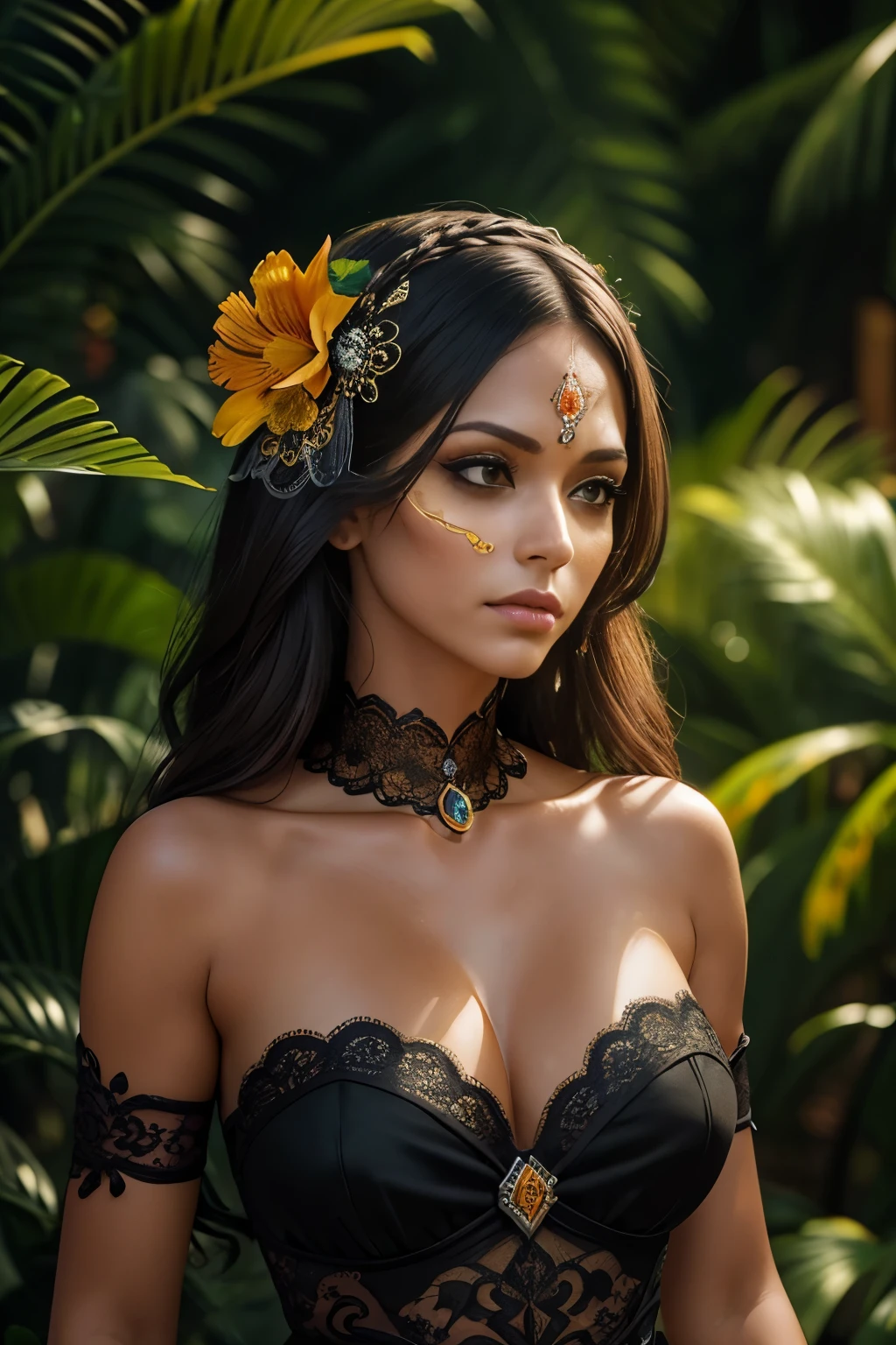 (Melhor qualidade, 8k, 32k, obra-prima, UHD: 1.2) Potrait de corpo inteiro de uma mulher com maquiagem Catrina, dia de los Muertos, maquiagem branca, maquiagem laranja, preta, emulating a skull with makeup, flores laranja como ornamento no cabelo, muitas flores laranja, vestindo um vestido, gloves and attractive features, olhos, Eyelid, foco, profundidade de campo, film grain,, ray tracing, (((contraste batom)), modelo magro, textura de pele real natural detalhada, visible skin pores, anatomicamente correto, noite, cemetery background, Catrina