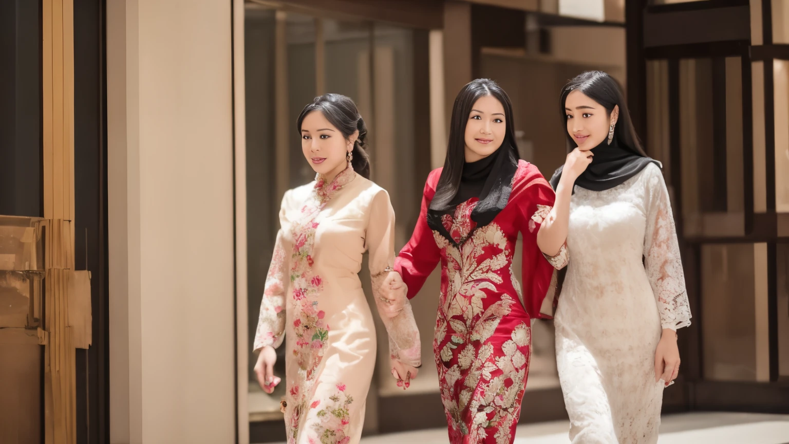 Masterpiece, Three girls walking together in chinatown, one chinese wearing kebaya, one moslem wearing hijab and modern arab girl, ultra realistic, high detail