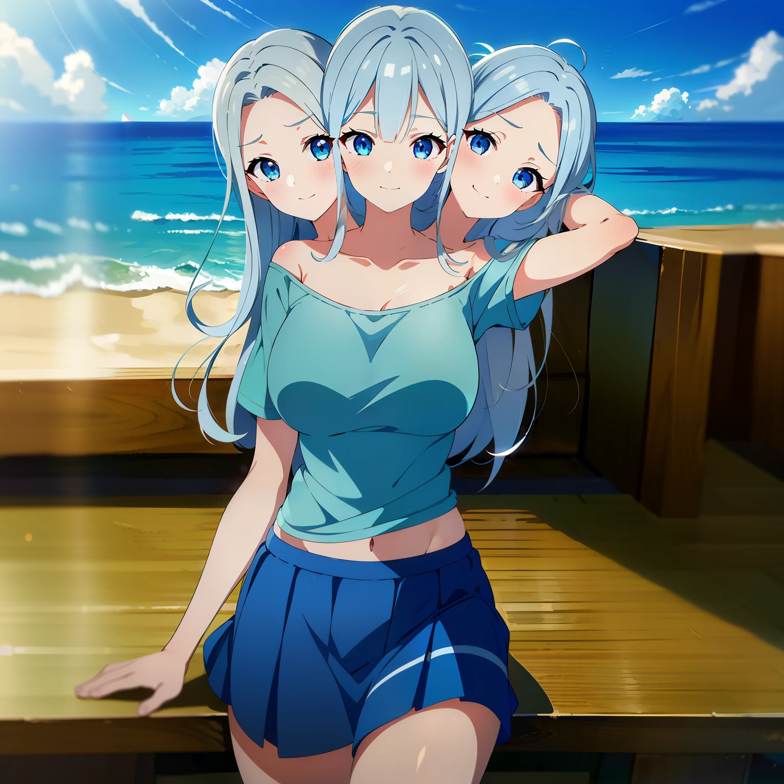 (masterpiece),(ultra-detailed), (high quality), (high resolution), (best quality:1.5, highres, UHD), highres, absurdo, ultra detail, ultra quality, Ultra resolution, 16k, ((2heads:1.5)), 1girl, anime girl with two heads, silver gray hair, ((blue t shirt)), casual wear, beach coastline background, smiling, age girl, vibrant lighting, blue skirt, glowing blue eyes