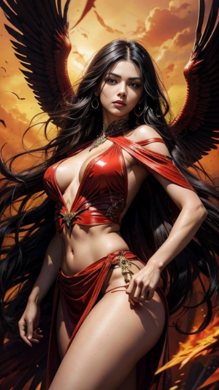 Demon with wings, beautiful Latin woman, long wavy black hair, tanned skin, seductive face, large and expressive eyes, spectacular body, wears a thin, transparent red tunic, flying with enormous wings below the waist of beautiful and dense black plumage, background, torments. Bright red and ocher colors, blurred background, realistic, hyper-realistic image, high-resolution photographic quality.