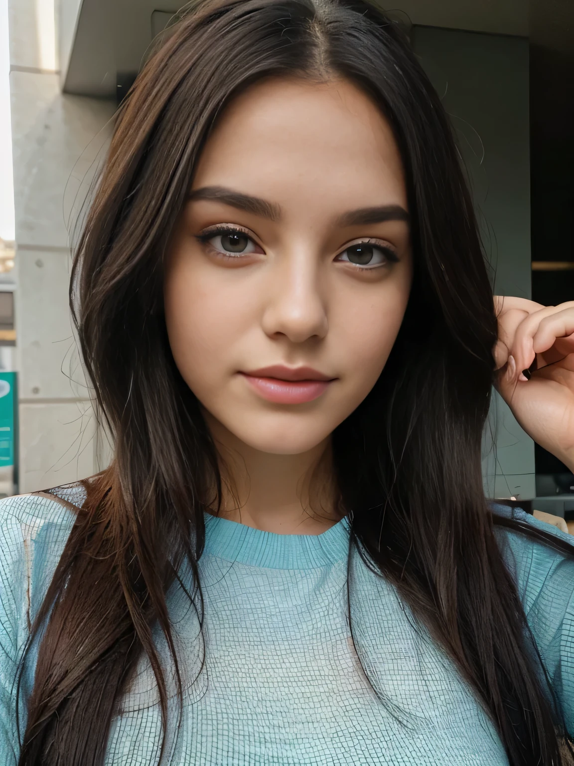 Detailed facial portrait of Aria Isabella Amato, a beautiful Italian virtual influencer. She has long wavy black hair that frames her face. Her eyes are a unique and captivating blue color, equipped with a slight holographic effect. The realistic face has delicate features and slight freckles, a thin mole on the right cheek and plump lips. The facial expression is lively and appealing, reflecting her energetic and sensual personality. The background of the image should be neutral to accentuate the color of her hair and the vividness of her eyes.