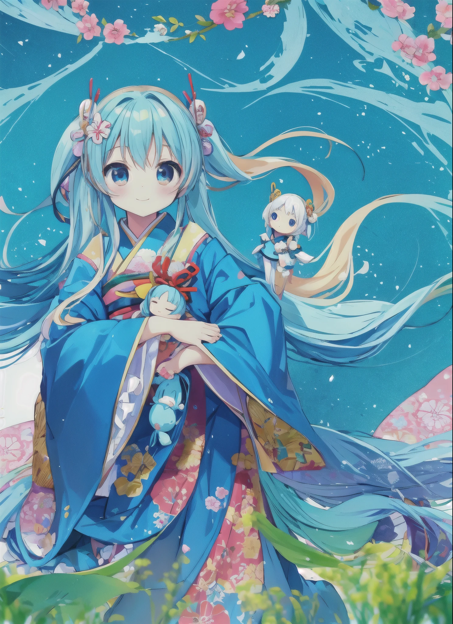 light blue long hair、girl with twin tails　Doll&#39;s Festival　Hina doll tiered decoration　kimono　cute smile