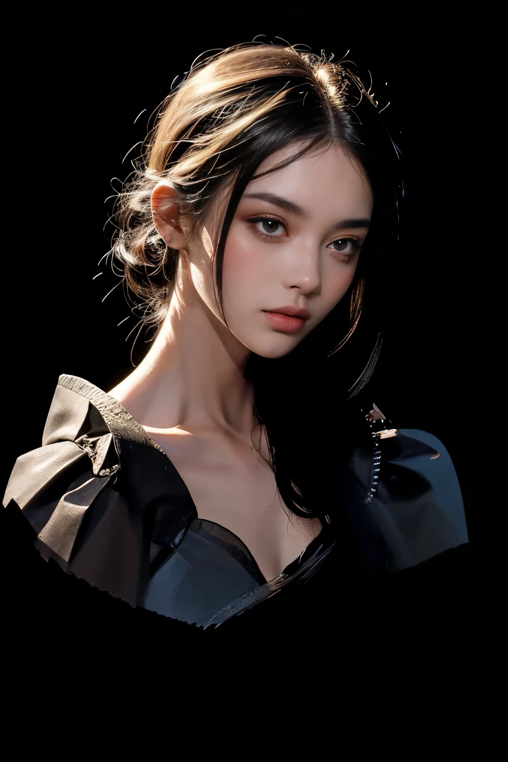 waist high, fantasy art, photorealism, dynamic lighting, art station, poster, volume lighting, highly detailed face, (official uniform: 1.4), long hair, lace, delicate clavicle, bare shoulders, Breast augmentation, small waist