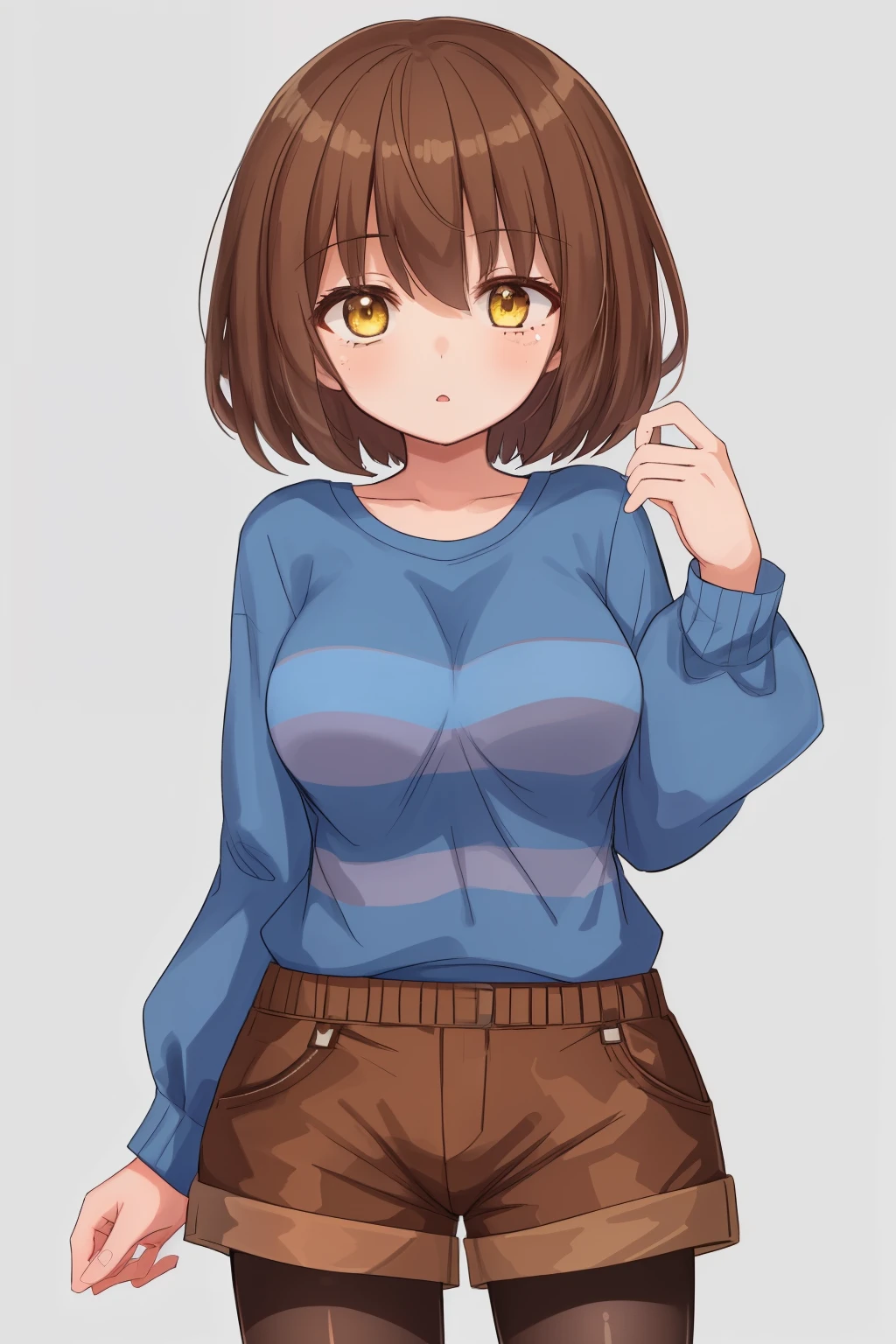 ((best quality)), ((masterpiece)), (detailed), Undertale Frisk, brown hair, (brown shorts:1.3), bob cut, short hair, black pantyhose, (blue shirt:1.3), yellow eyes, (1girl:1.3), (solo:1.3), striped, striped shirt tetas con una altura de 2 y 1.0 centimeters y un grosor de 1.0 centimeters