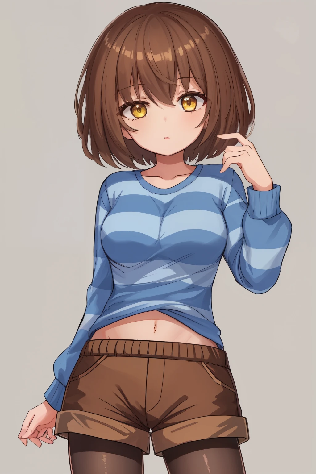 ((best quality)), ((masterpiece)), (detailed), Undertale Frisk, brown hair, (brown shorts:1.3), bob cut, short hair, black pantyhose, (blue shirt:1.3), yellow eyes, (1girl:1.3), (solo:1.3), striped, striped shirt tetas con una altura de 2 y 1.0 centimeters y un grosor de 1.0 centimeters