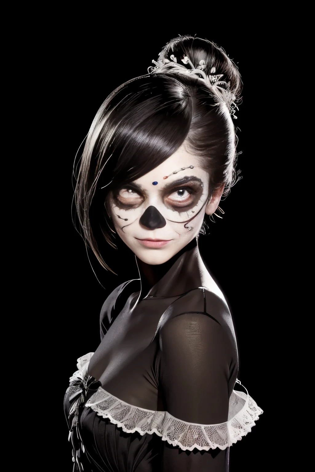(Melhor qualidade, 8k, 32k, obra-prima, UHD: 1.2) Potrait de corpo inteiro de uma mulher com maquiagem Catrina, dia de los Muertos, maquiagem branca, maquiagem laranja, preta, emulating a skull with makeup, flores laranja como ornamento no cabelo, muitas flores laranja, vestindo um vestido, gloves and attractive features, olhos, Eyelid, foco, profundidade de campo, film grain,, ray tracing, (((contraste batom)), modelo magro, textura de pele real natural detalhada, visible skin pores, anatomicamente correto, noite, cemetery background, Catrina