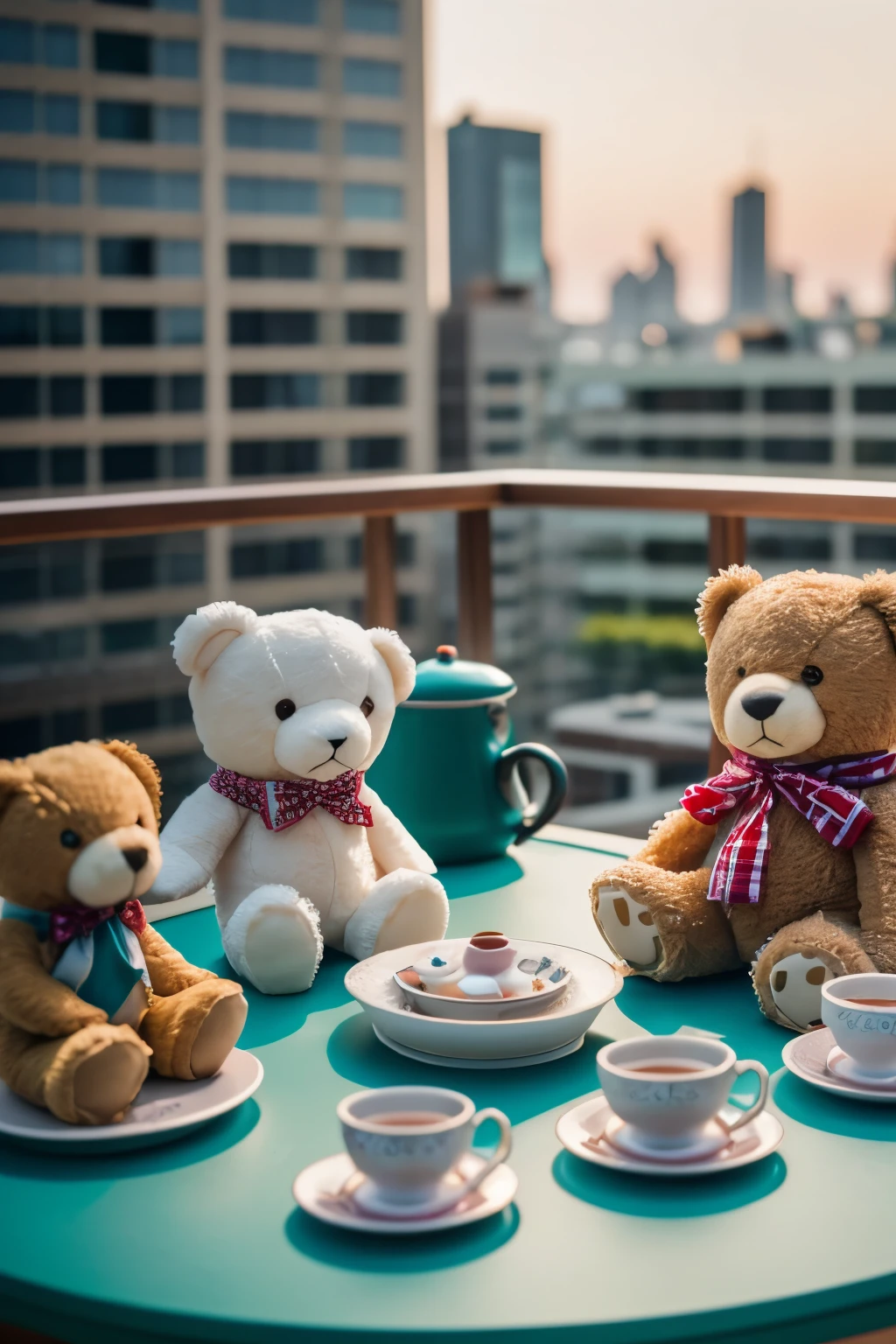 stuffed teddies sitting round a table, having a tea party, on a rooftop, Canon EF 50mm f/1. 8 STM Lens| color photo, realistic, cinematic lighting| (8k| RAW photo| highest quality| masterpiece) | raytracing | depth of field | full of color