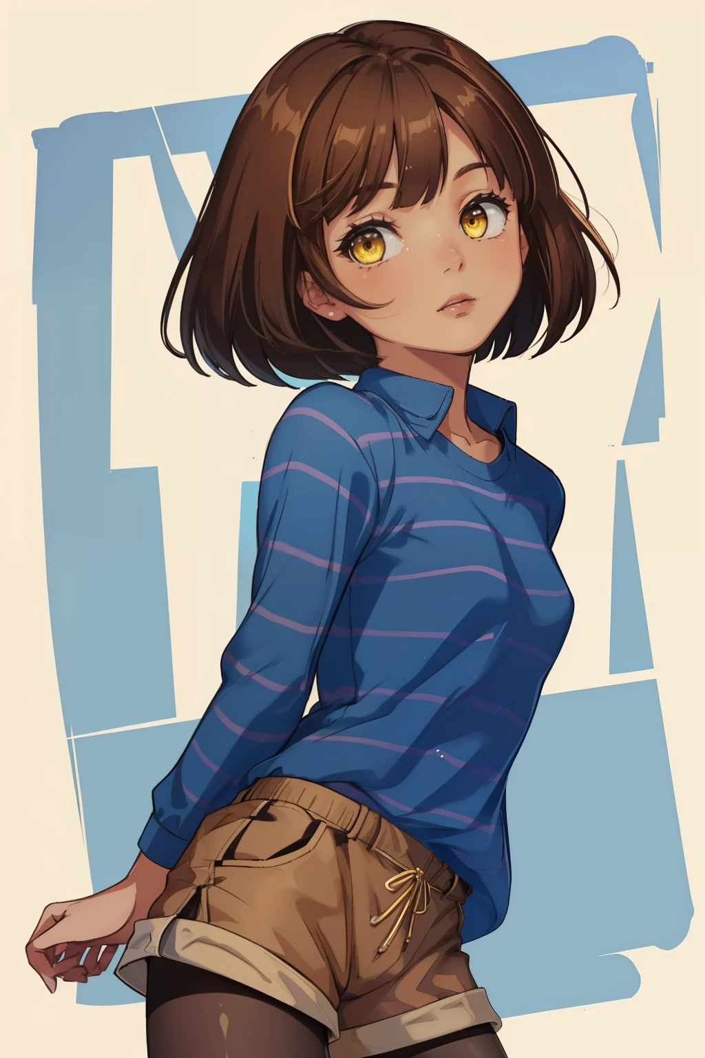 ((best quality)), ((masterpiece)), (detailed), Undertale Frisk, brown hair, (brown shorts:1.3), bob cut, short hair, black pantyhose, (blue shirt:1.3), yellow eyes, (1girl:1.3), (solo:1.3), striped, striped shirt tetas con una altura de 2 y 1.0 centimeters y un grosor de 1.0 centimeters