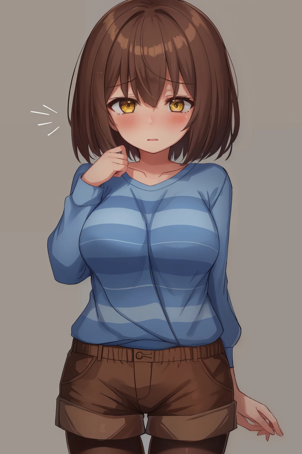 ((best quality)), ((masterpiece)), (detailed), Undertale Frisk, brown hair, (brown shorts:1.3), bob cut, short hair, black pantyhose, (blue shirt:1.3), yellow eyes, (1girl:1.3), (solo:1.3), striped, striped shirt tetas con una altura de 2 y 1.0 centimeters and a thickness of 1.0cm blush, emotional, long hair, underwear, bra, panties, shy, 