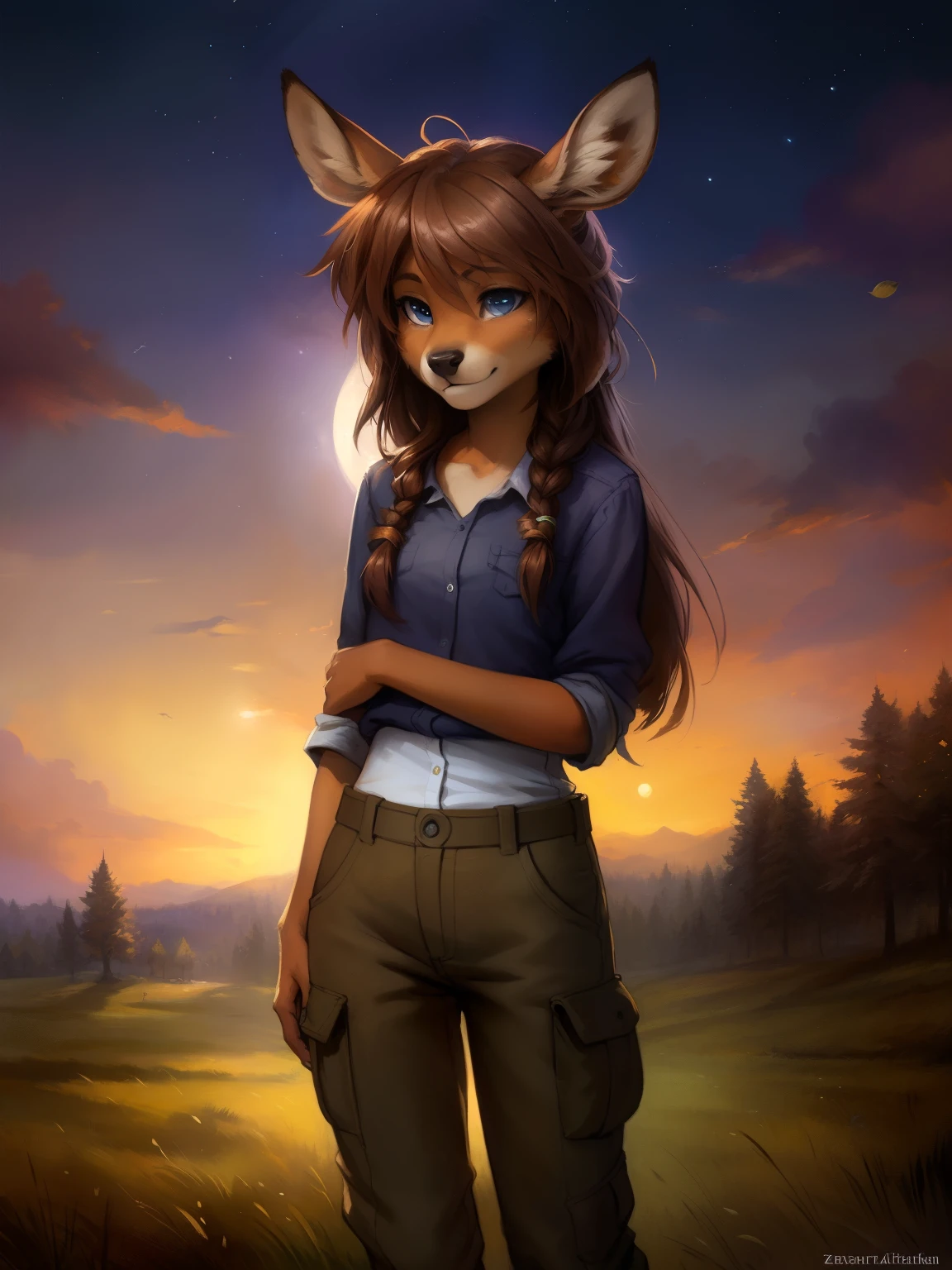 uploaded the e621, beautiful and detailed portrait of a (((female))) small very young solo teenage young anthro female deer doe with with small hips and a skinny body and ((clear navy blue eyes)),  ( small legs and hips :1.5), small pelvis, Slim waist, wearing cargo pants and a shirt, standing on a dirt road with rural electric pole at night. Moon in the sky, rural town very far in the distance, tree on the side, little brook, darker picture, purple and blue, wheat field , long brown hair,  kenket, Ross Tran,ruan jia, uploaded to e621, zaush, foxovh, zenematic lighting, deer,full body, deer tail, day, beautiful, messy hair, brown hair, 1girl, solo, night, smiling shyly, detailed,hair covering eyes,  black and brown hair, long hair floating in the wind, beautiful, (sublime: 1.0), (Extremely sensitive: 1.0), 