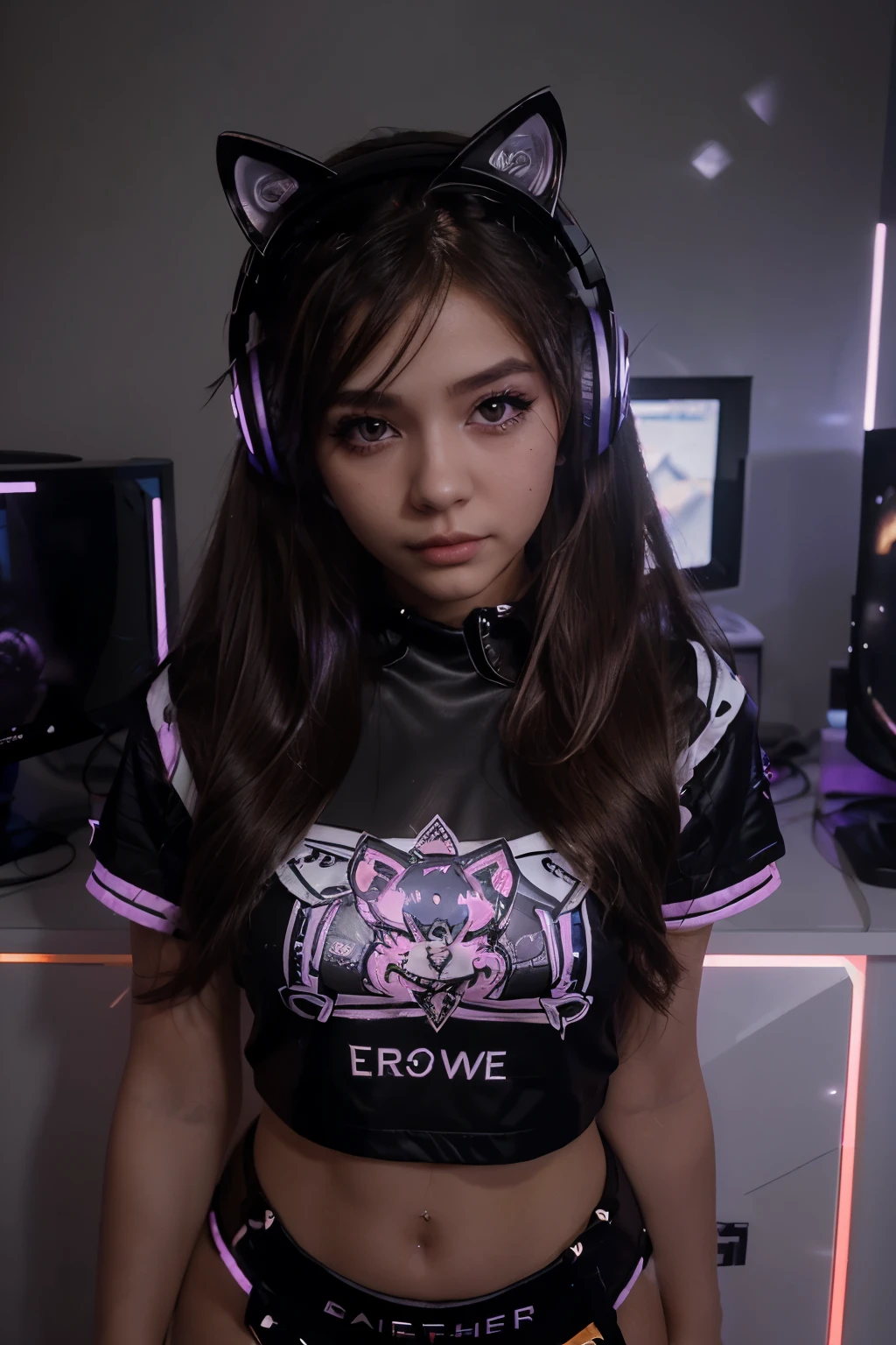 quality photo, small beautiful 20 year old girl, philipina, sharp jaw, super long fake eye lashes, smooth brown hair, influencer girl, e-girl make up, gamer girl gamer girl RGB-headset plastic cat ear. full body
