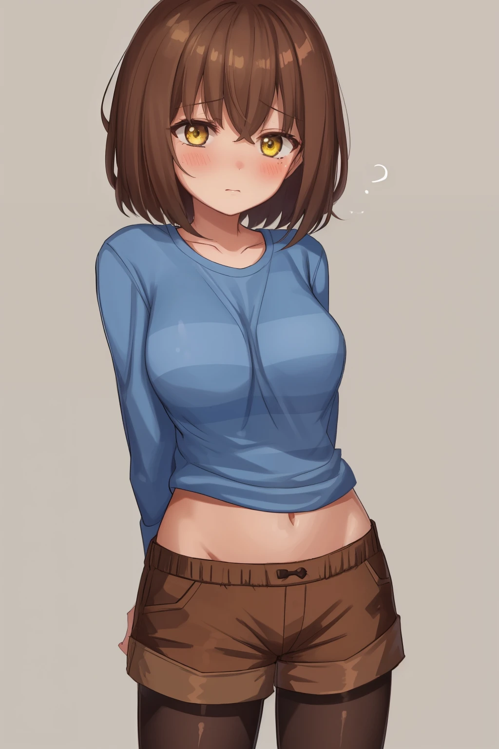 ((best quality)), ((masterpiece)), (detailed), Undertale Frisk, brown hair, (brown shorts:1.3), bob cut, short hair, black pantyhose, (blue shirt:1.3), yellow eyes, (1girl:1.3), (solo:1.3), striped, striped shirt tetas con una altura de 2 y 1.0 centimeters and a thickness of 1.0cm blush, emotional, long hair, underwear, bra, panties, shy, 