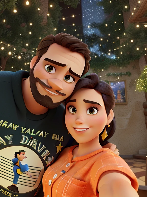 casal homem de barba e mulher de cachos no estilo Disney Pixar, alta qualidade, melhor qualidade